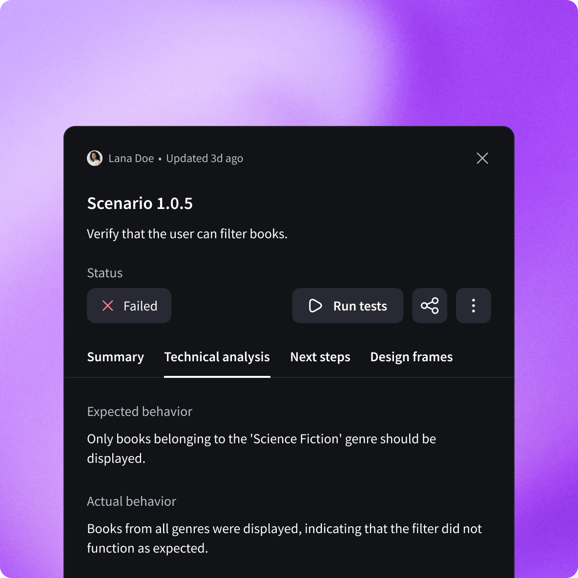 Test case scenario 1.0.5 for filtering books marked as failed; expected to show only science fiction books, but displayed all genres.