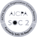AICPA SOC 2 certification badge with text 'AICPA Service Organization Control Reports' and 'Formerly SAS 70 Reports'.