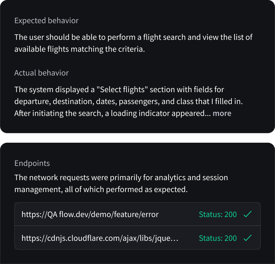 Text showing expected behavior for flight search and actual behavior describing a 'Select flights' section with departure, destination, dates, passengers, and class fields, plus endpoints with network request URLs and status 200.
