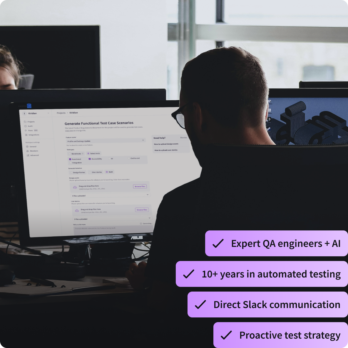 Person working on a computer with a screen displaying a tool for generating functional test case scenarios, alongside text highlighting expert QA engineers, 10+ years in automated testing, direct Slack communication, and proactive test strategy.