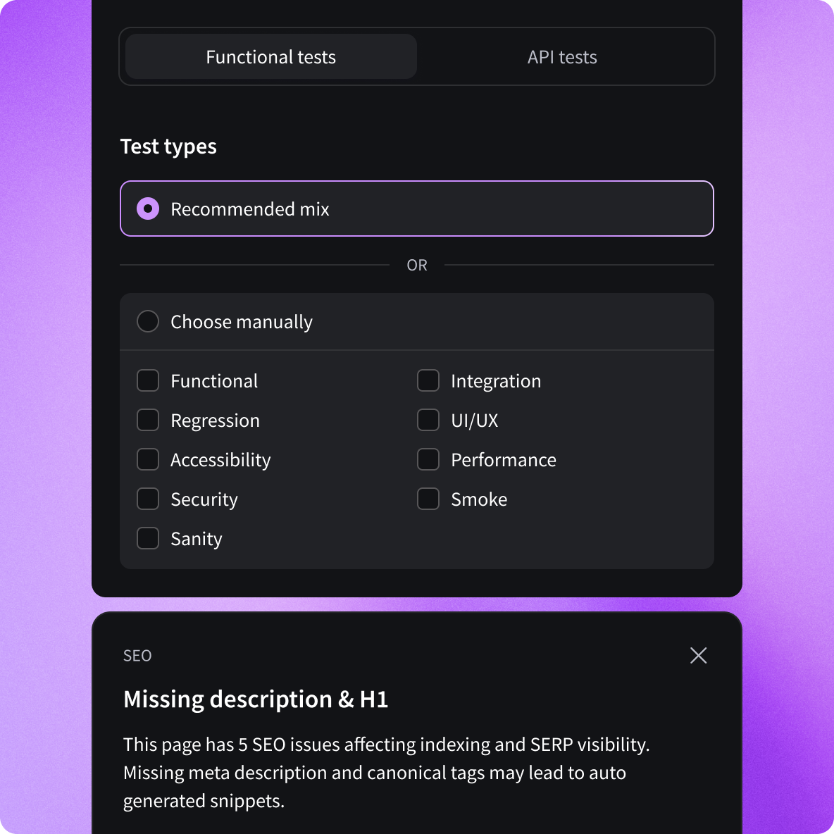 User interface showing test type selection with options for recommended mix or manual selection, and an SEO warning about missing description and H1 affecting indexing.