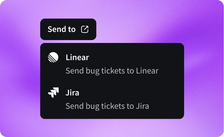 Dropdown menu with options to send bug tickets to Linear or Jira, on a purple gradient background.