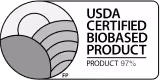 USDA Certified Biobased Product label showing a layered circular design and indicating product contains 97% biobased content.