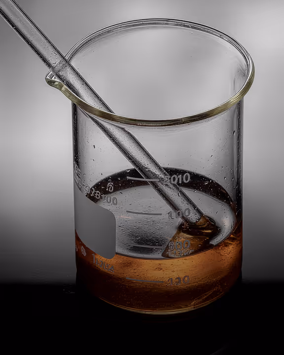 Glass beaker with orange liquid and a glass stirring rod inside on a dark background.