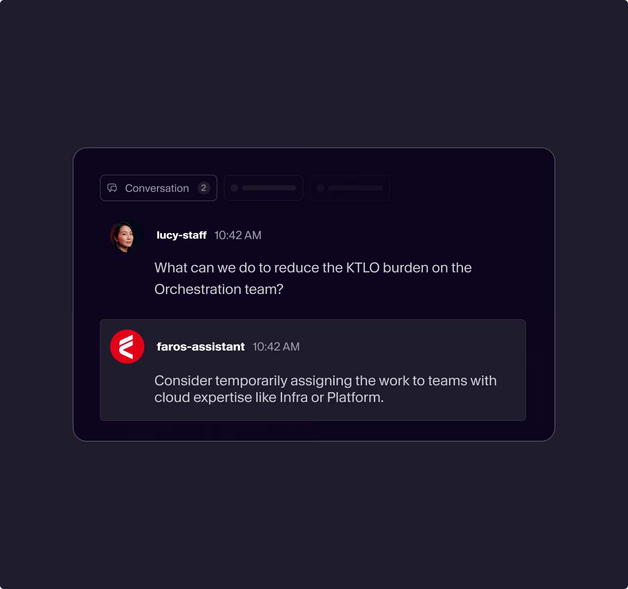 A chat conversation discussing reducing KTLO burden on the Orchestration team, suggesting temporary reassignment of tasks.