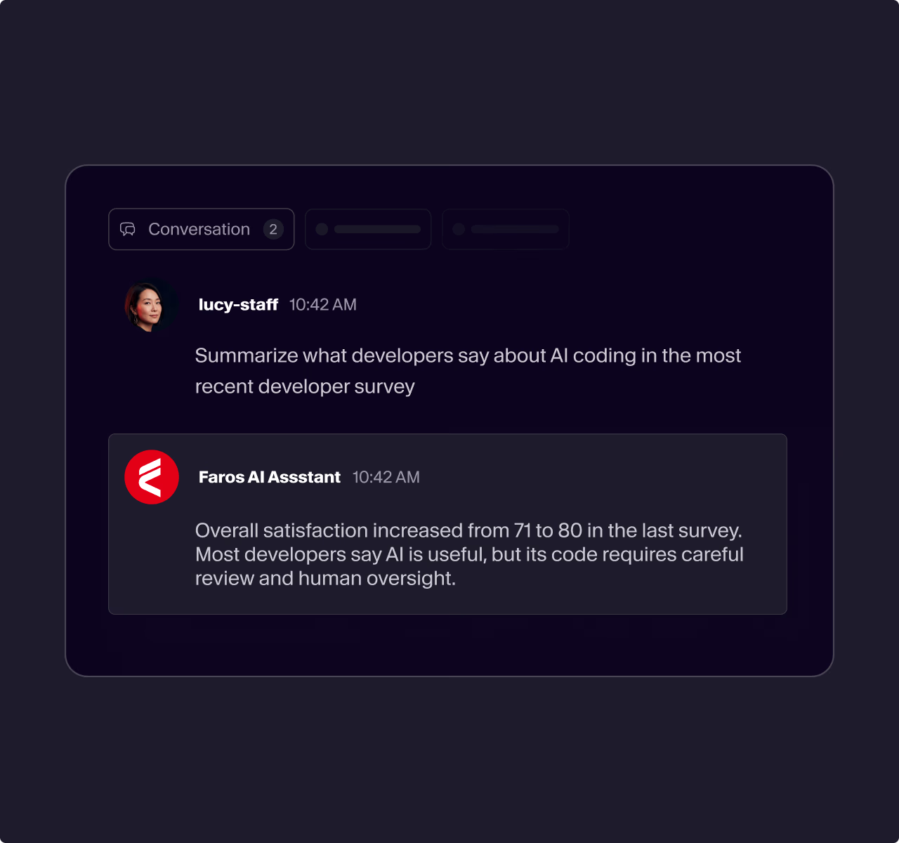Chat interface showing a summary of developers' opinions on AI coding from a recent survey.