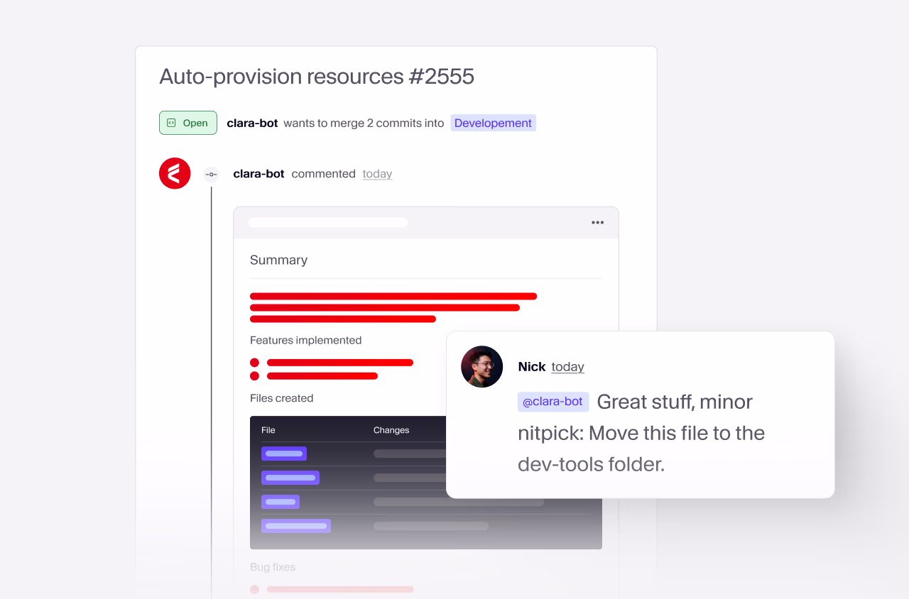 Screenshot of a GitHub pull request showing clara-bot wanting to merge 2 commits with a comment from Nick suggesting to move a file to dev-tools folder.
