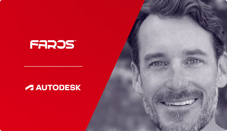 Faros AI and Autodesk logos with a smiling man, highlighting AI-driven engineering productivity and software delivery insights.