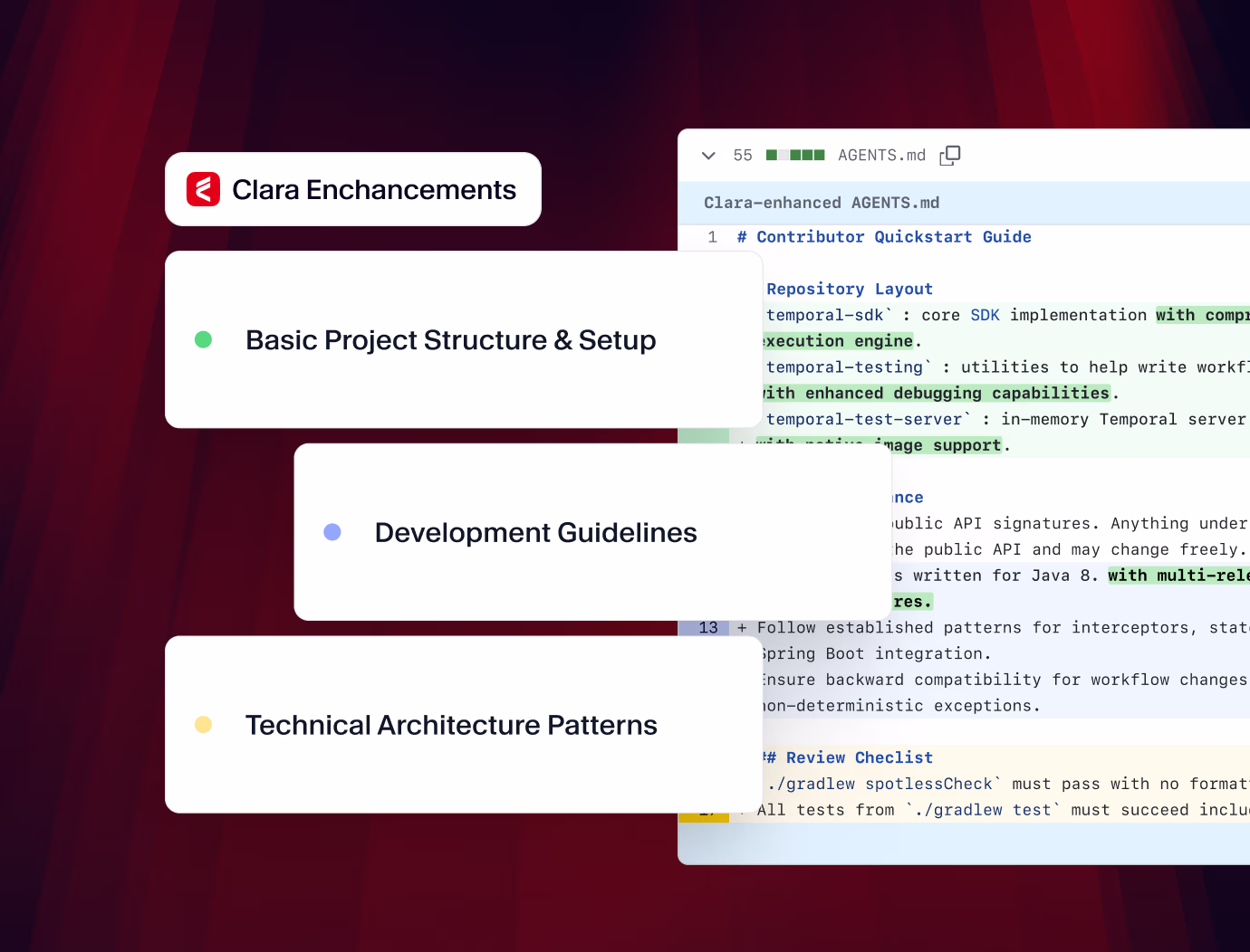 Screenshot of a project management interface highlighting sections on Clara enhancements, basic project setup, development guidelines, and architecture patterns.