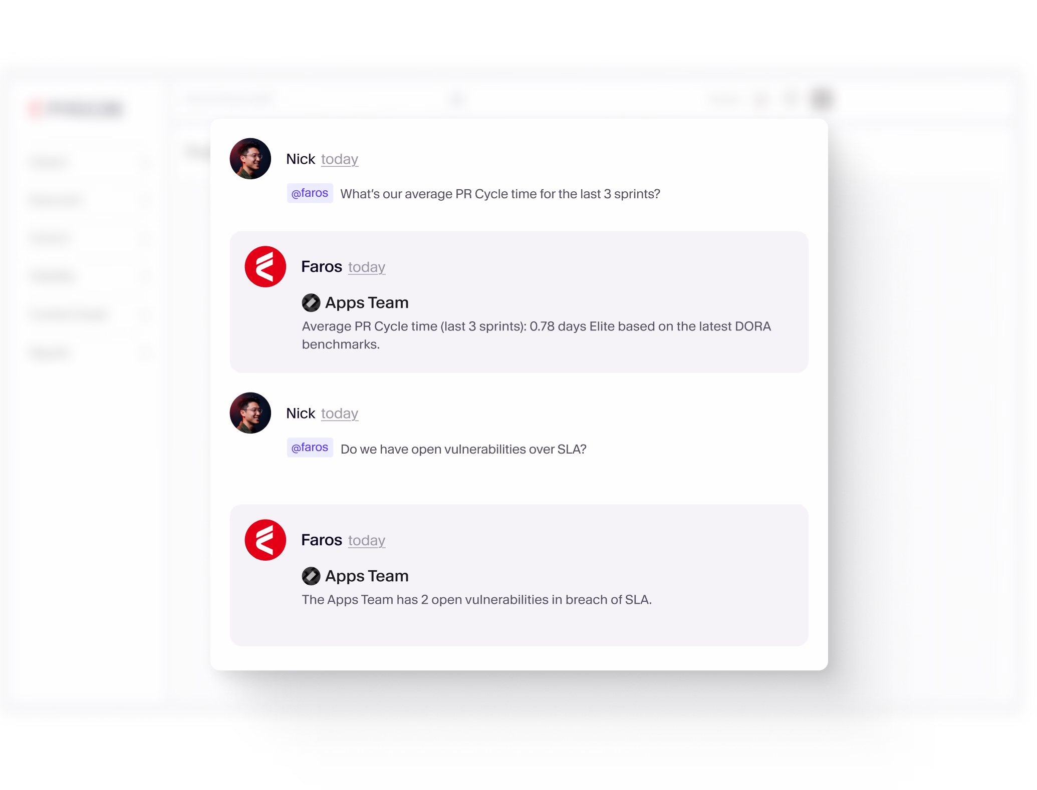 Chat interaction displaying DORA metrics and vulnerabilities in SaaS app monitoring within Faros AI's software engineering intelligence platform.