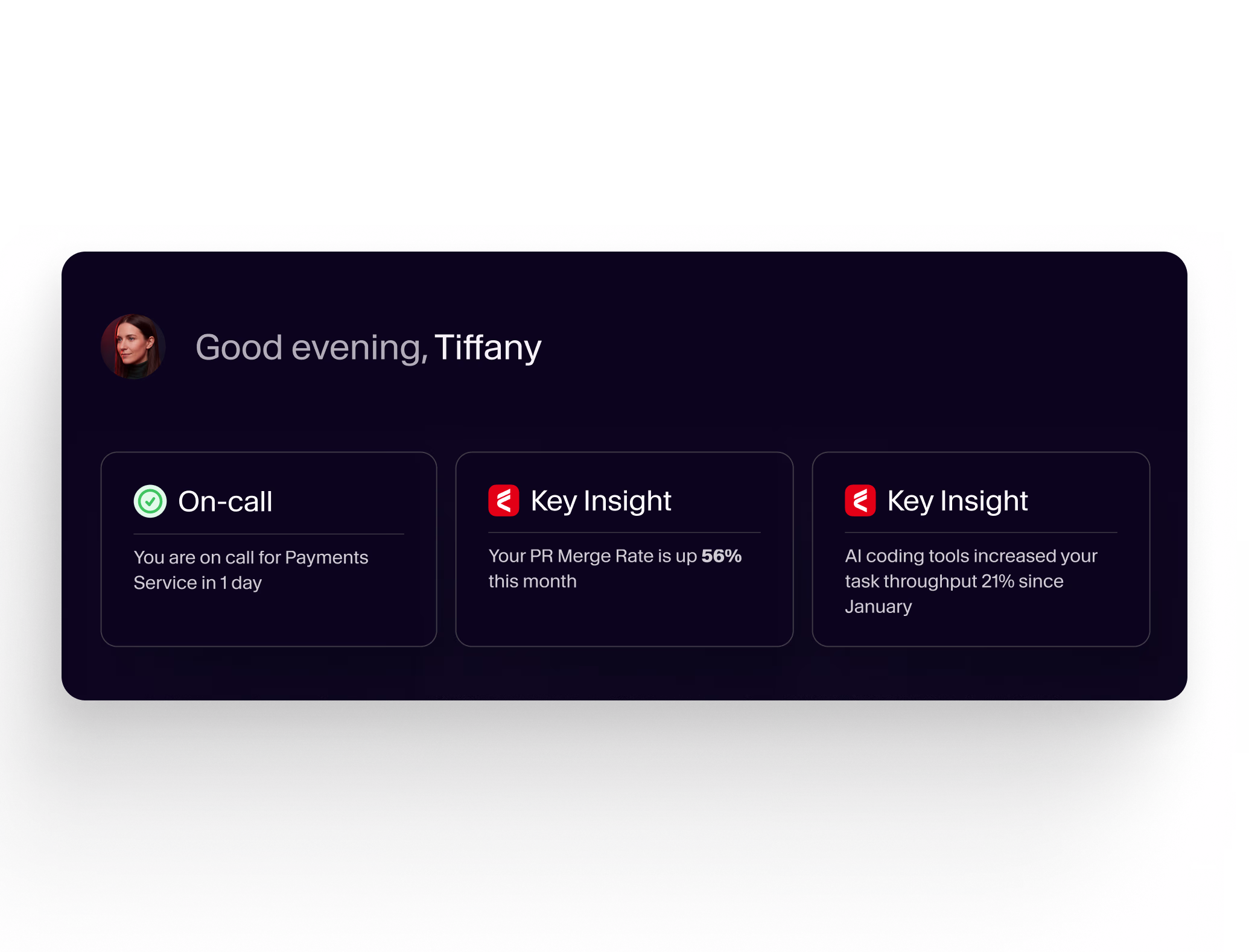 Dashboard overview showing user greeting, on-call status, and key insights on PR merge rate and task throughput increase.