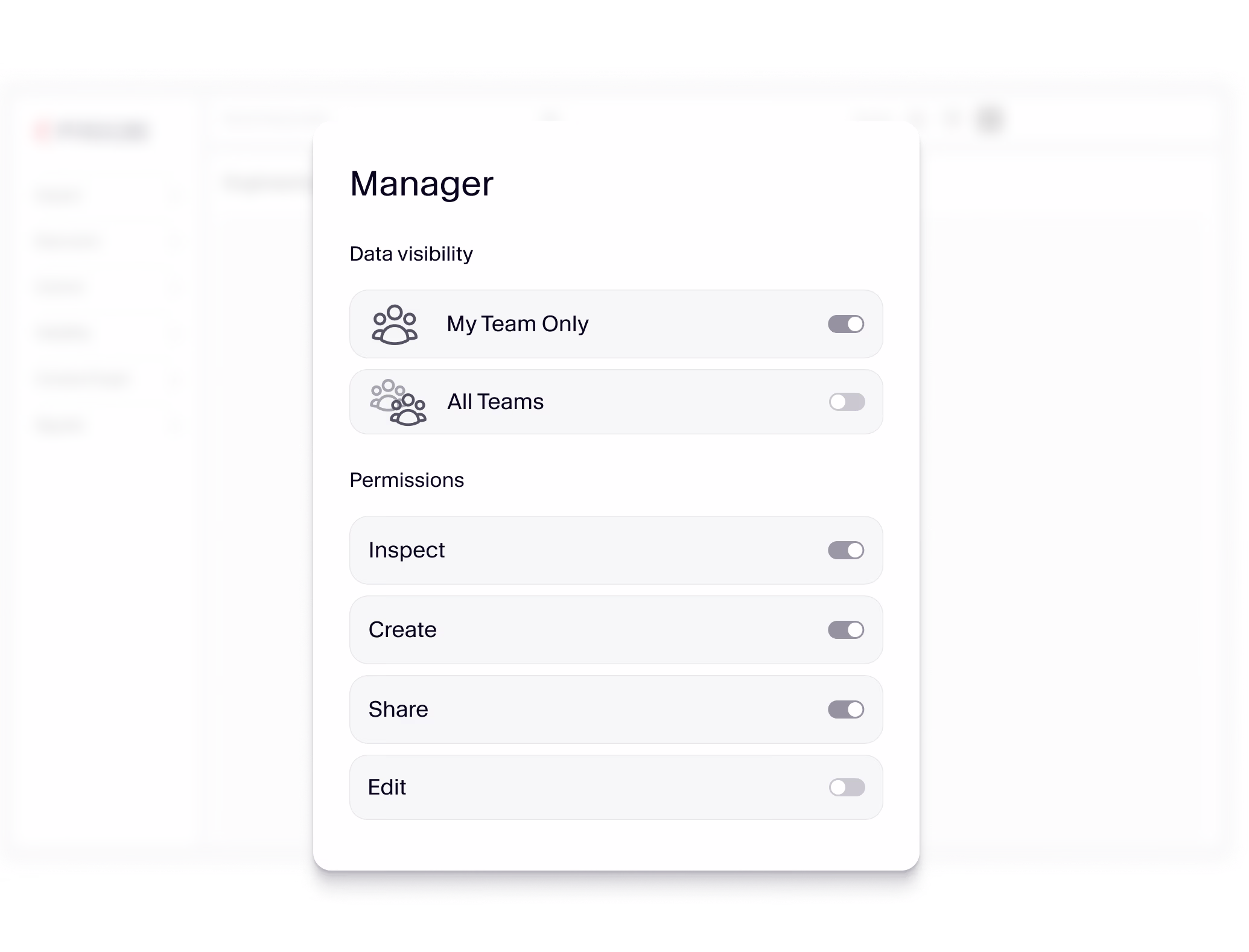 Settings panel for managing team data visibility and permissions in a software engineering platform.