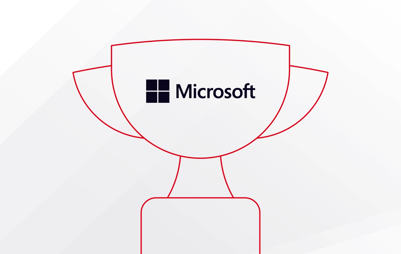 Graphic announcing Faros AI as the winner of the Microsoft Partner of the Year Awards in the Microsoft for Startups category. The image features the Faros AI and Microsoft logos at the top, with “Winner” and “Partner of the Year Awards – Microsoft for Startups” in bold text on a light blue and purple abstract background with swirling ribbon-like shapes.