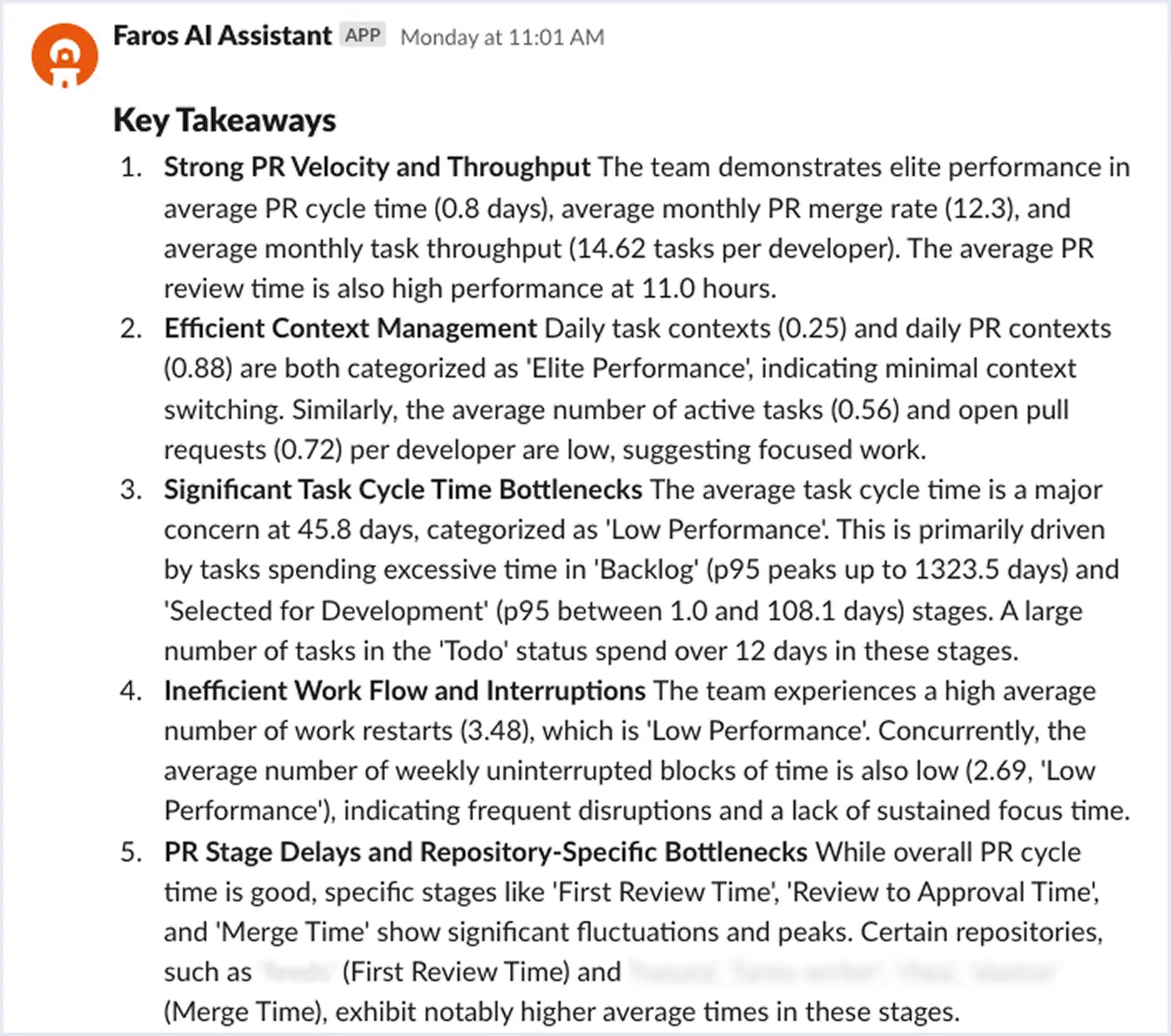 Faros AI delivers the key takeaways from your engineering metrics directly to Slack, Teams, or Inbox. 