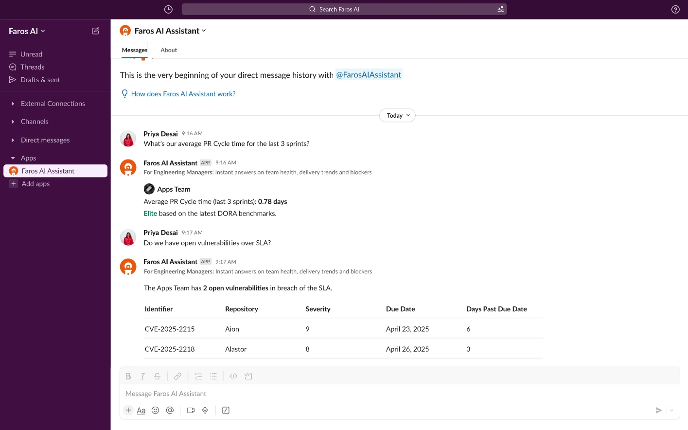 An engineering manager chats with the Faros AI Assistant on Slack