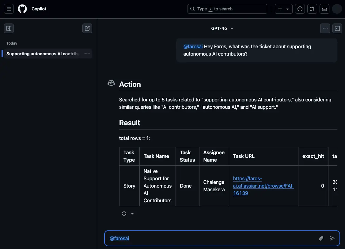 Screenshot of Faros AI Assistant answering a developer's question within Copilot Chat