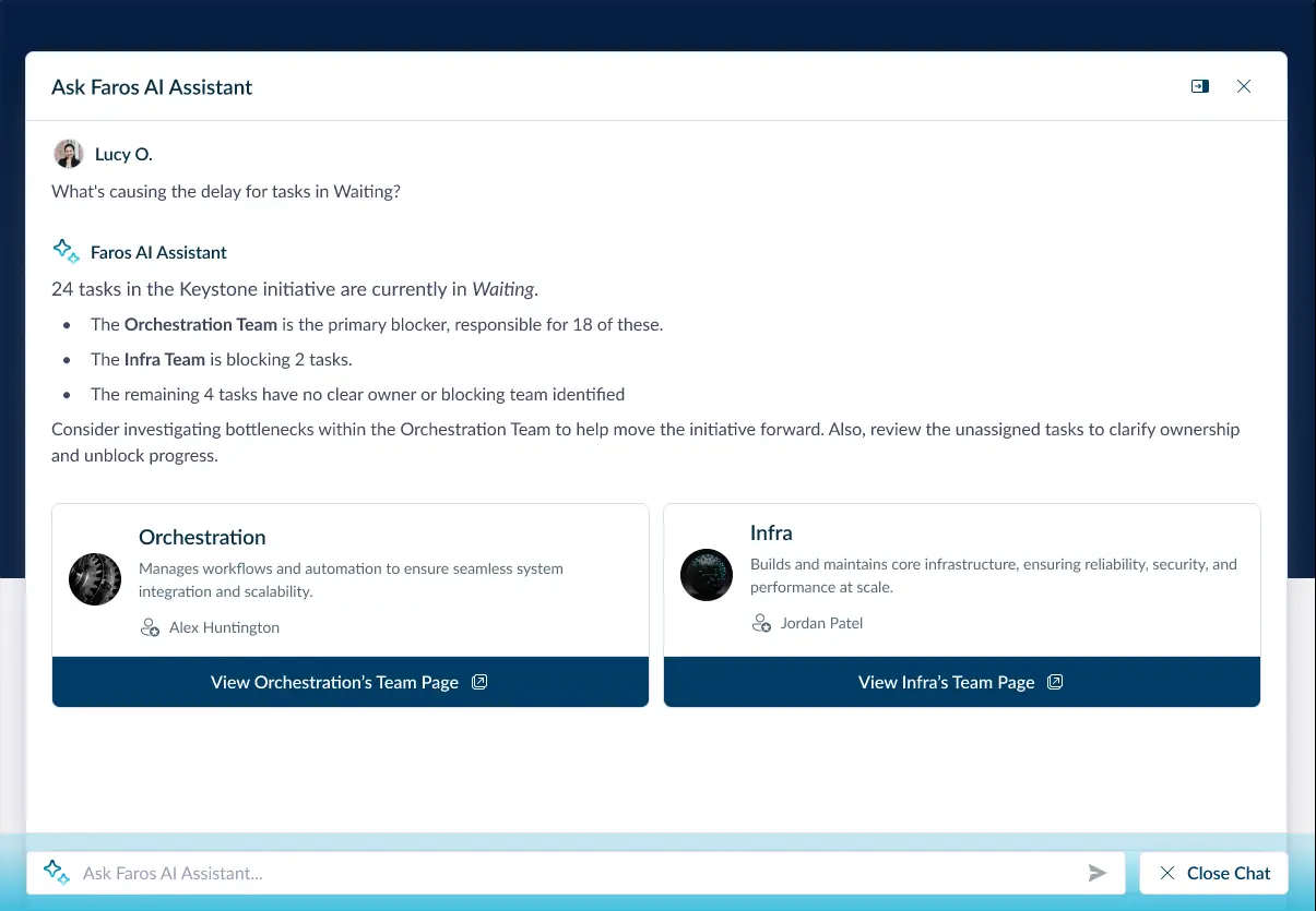 A chat interface within Faros AI about delays in the Keystone initiative