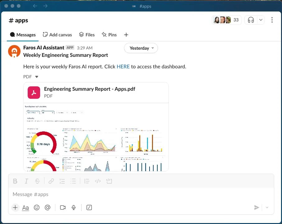 Slack screenshot of the Faros AI Assistant channel delivering the apps team their weekly engineering summary report