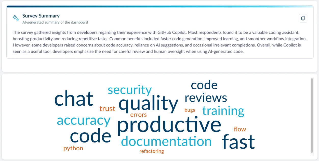A screenshot from Faros AI's AI-generated survey summary and word cloud 