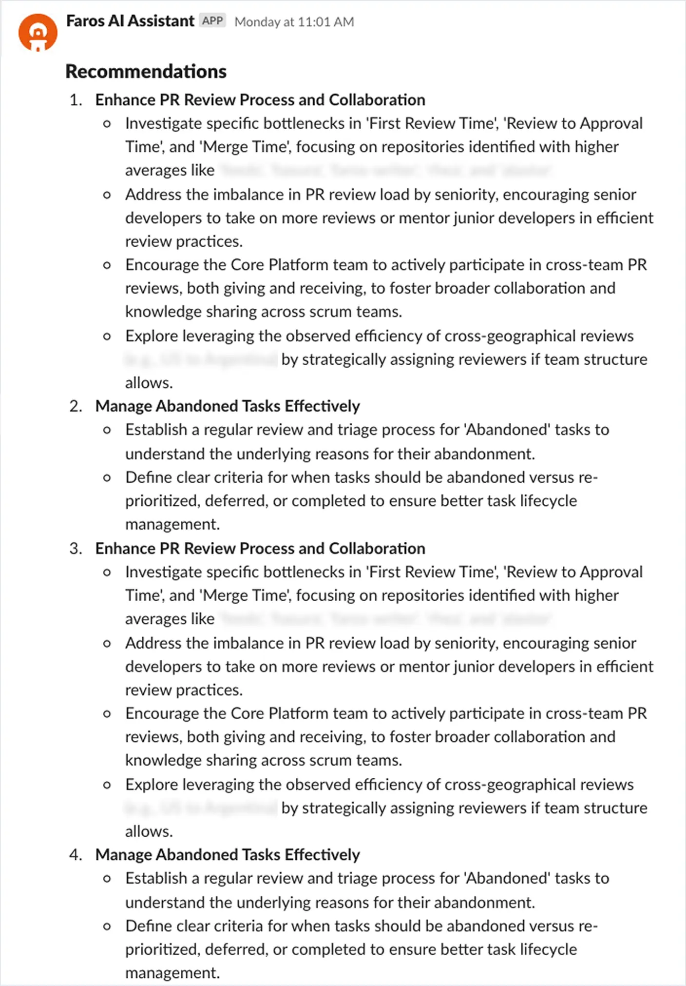 Recommendations for how to fix productivity issues identified by Faros AI. 