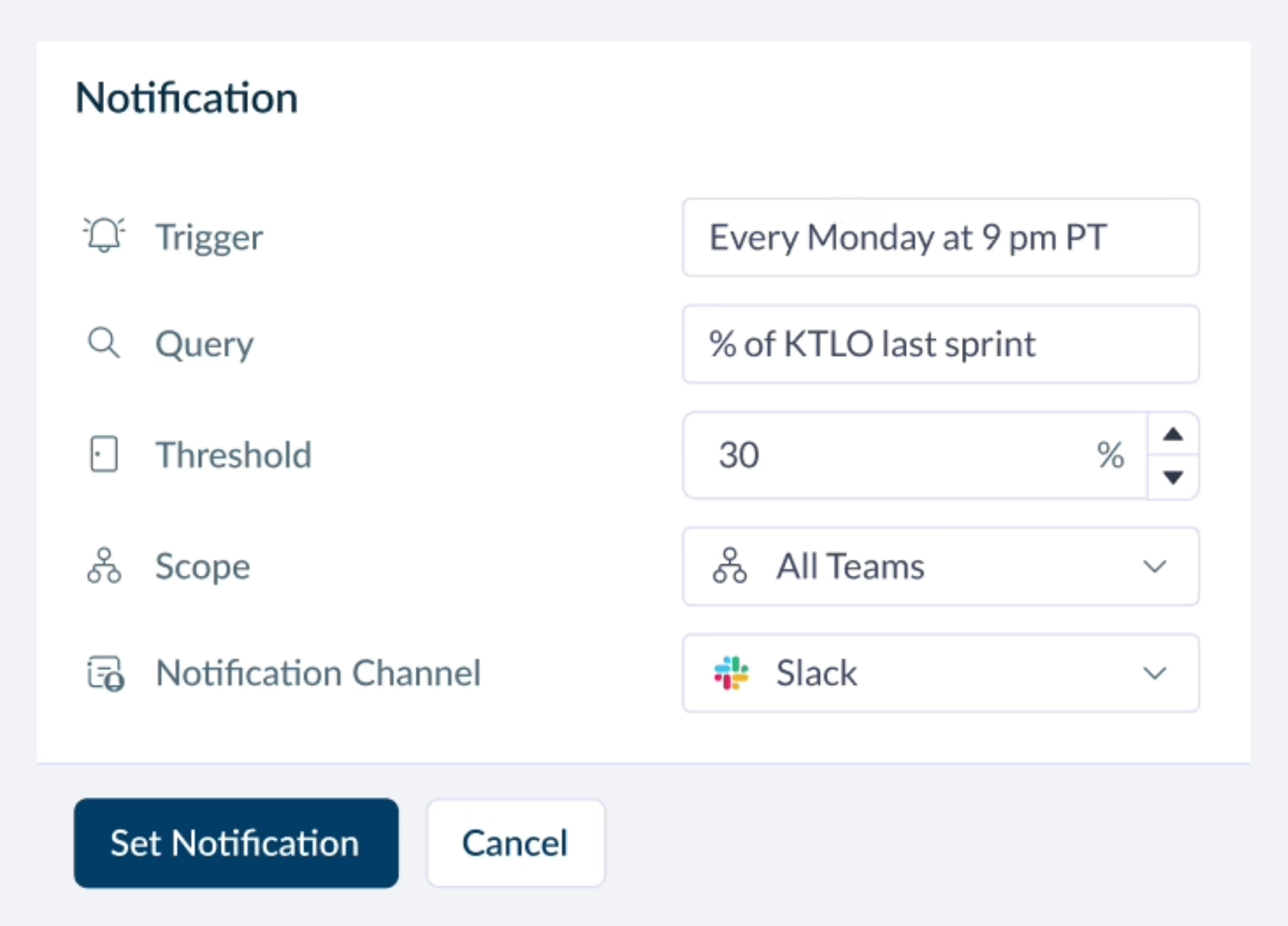 Setup screen for a Slack notification when the % of KTLO work within a sprint exceeds 30%