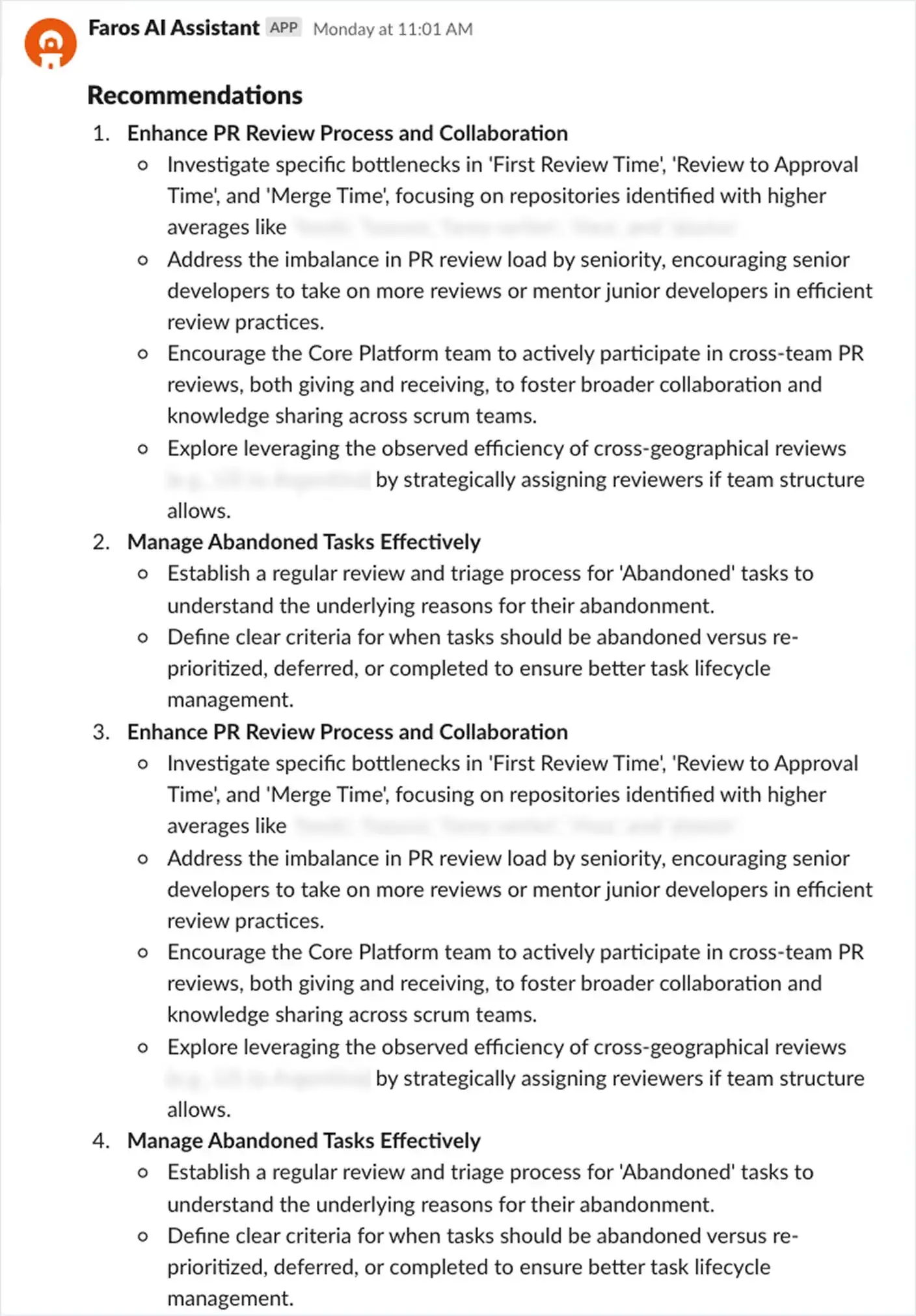 Example of recommendations Faros AI sends users on Slack to help them address bottlenecks. 
