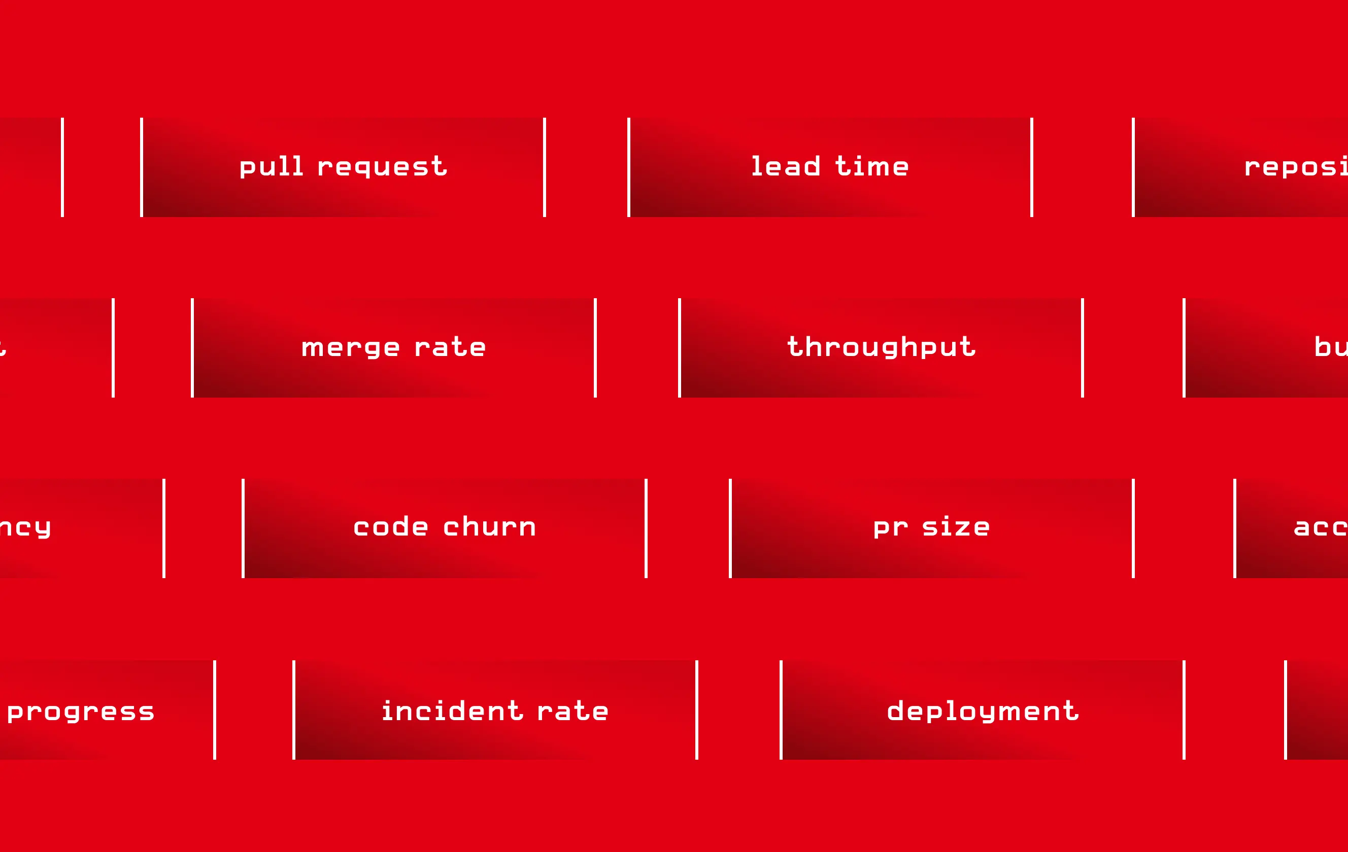 Illustration of software engineering metrics and terms in white text on a red background