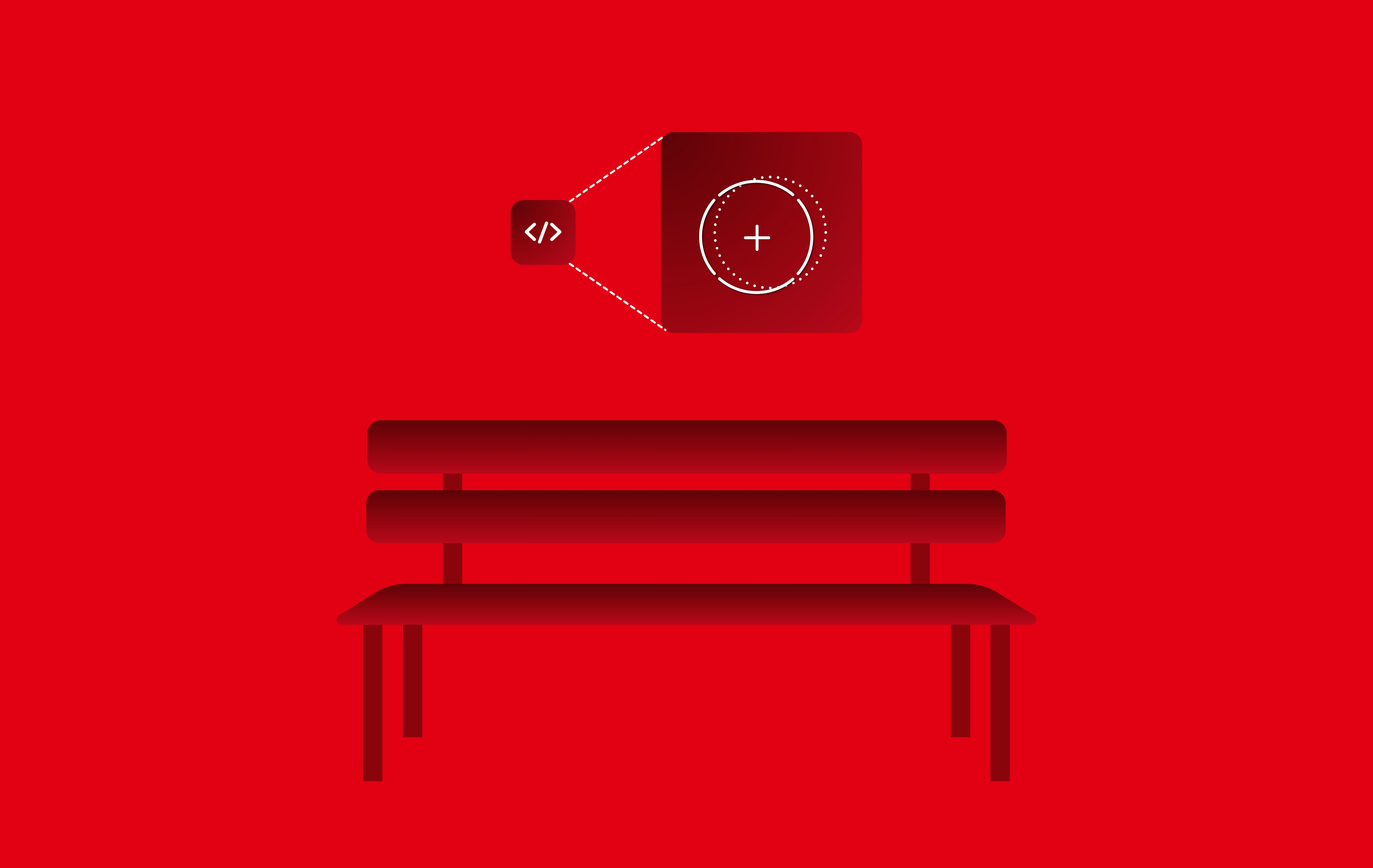Minimal red illustration of a park bench beneath a floating software-code icon connected by dotted lines to an enlarged circular plus symbol.