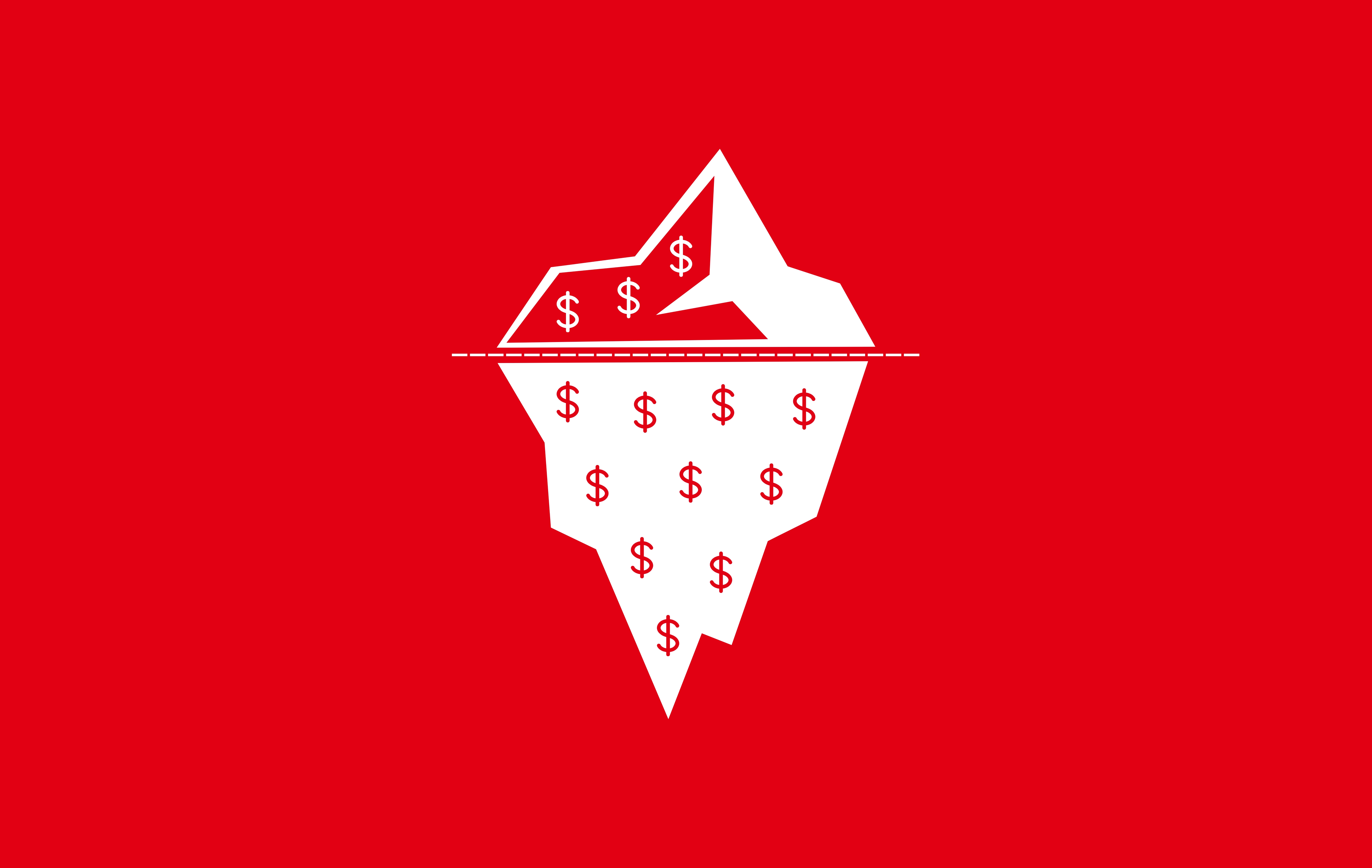 Illustration of an iceberg filled with dollar signs, with most costs hidden below the waterline to represent the overlooked expenses of AI coding