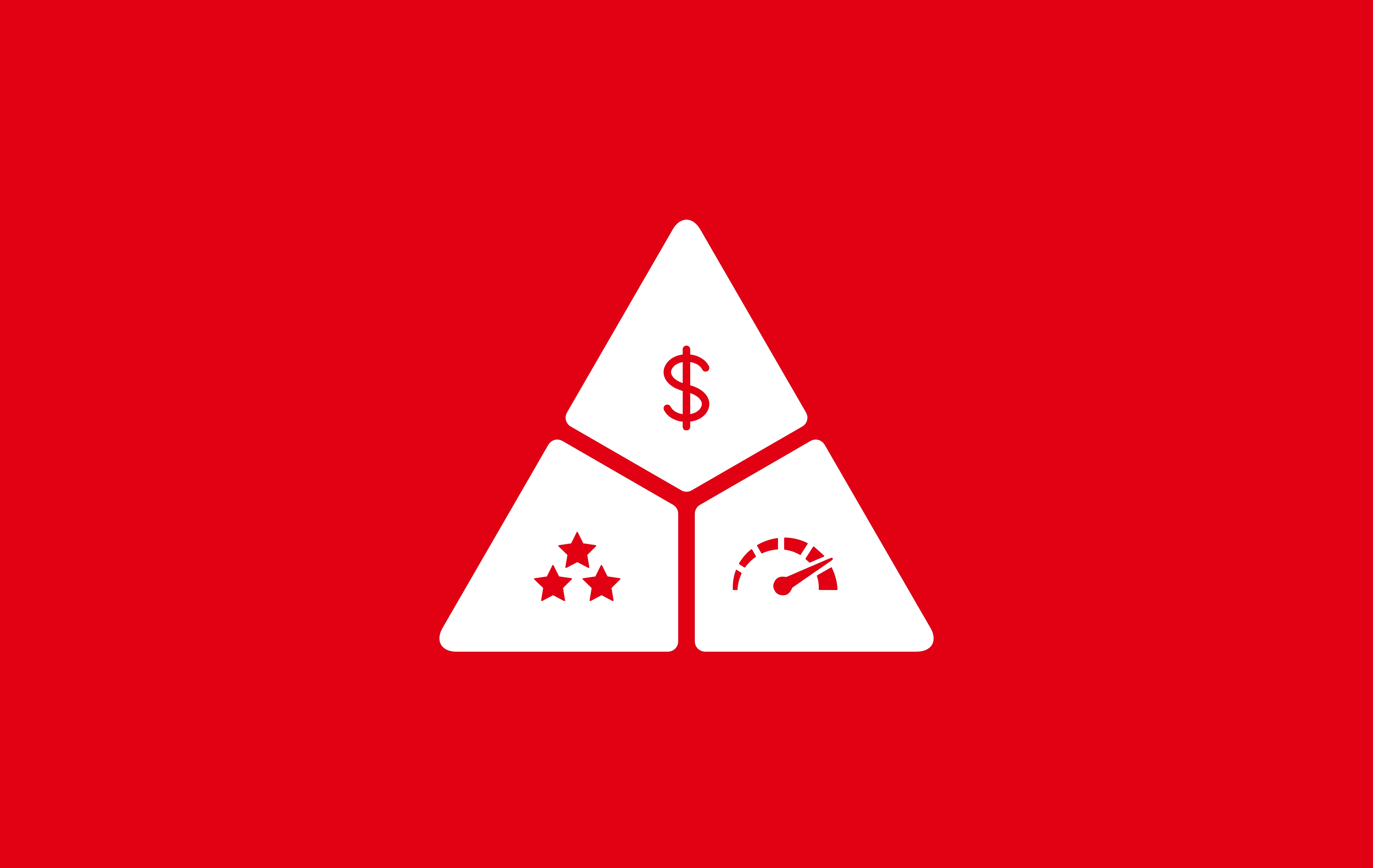 A triangle with 3 symbols in it to represent: cost, quality, and performance