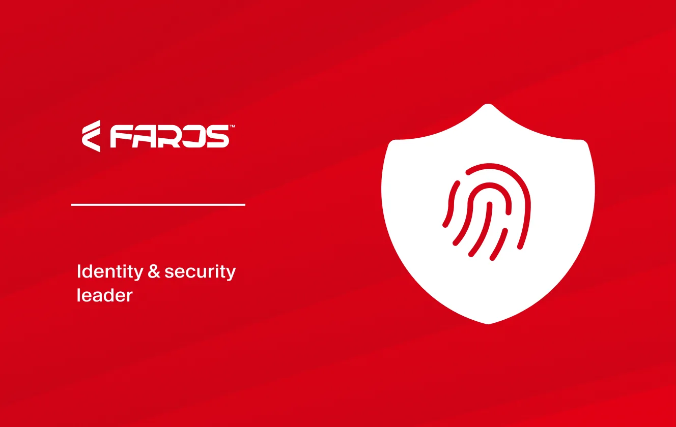 Faros wordmark on a red background with a shield and fingerprint icon representing identity and security