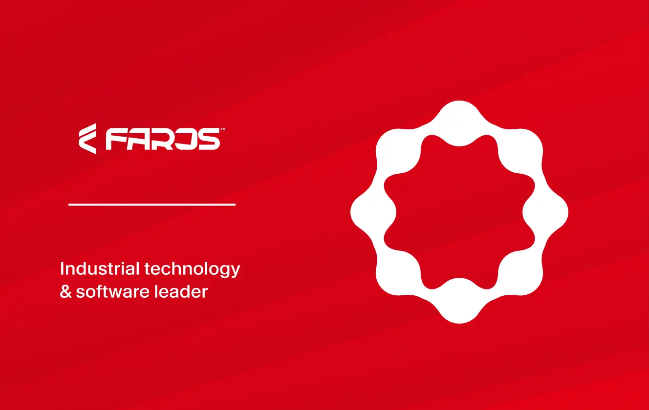 Faros wordmark on a red background with an abstract gear-like icon representing industrial technology and software