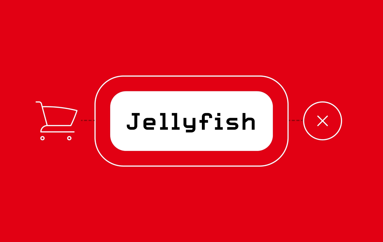 red background with a shopping cart icon on the left, the word Jellyfish in the center, and an x in a circle to the right