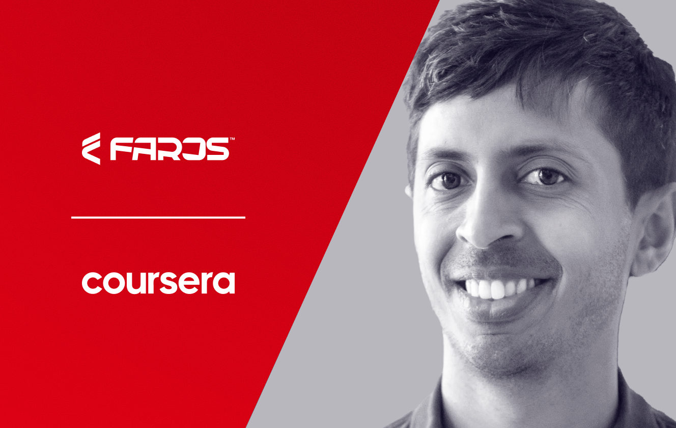 White banner with an image on the right: On a blue background, there is a blue Coursera logo and the text: Coursera Scales World-Class Engineering Operations to Unlock Developer Productivity. An image of Mustafa Furniturewala, SVP of Engineering at Coursera is shown.