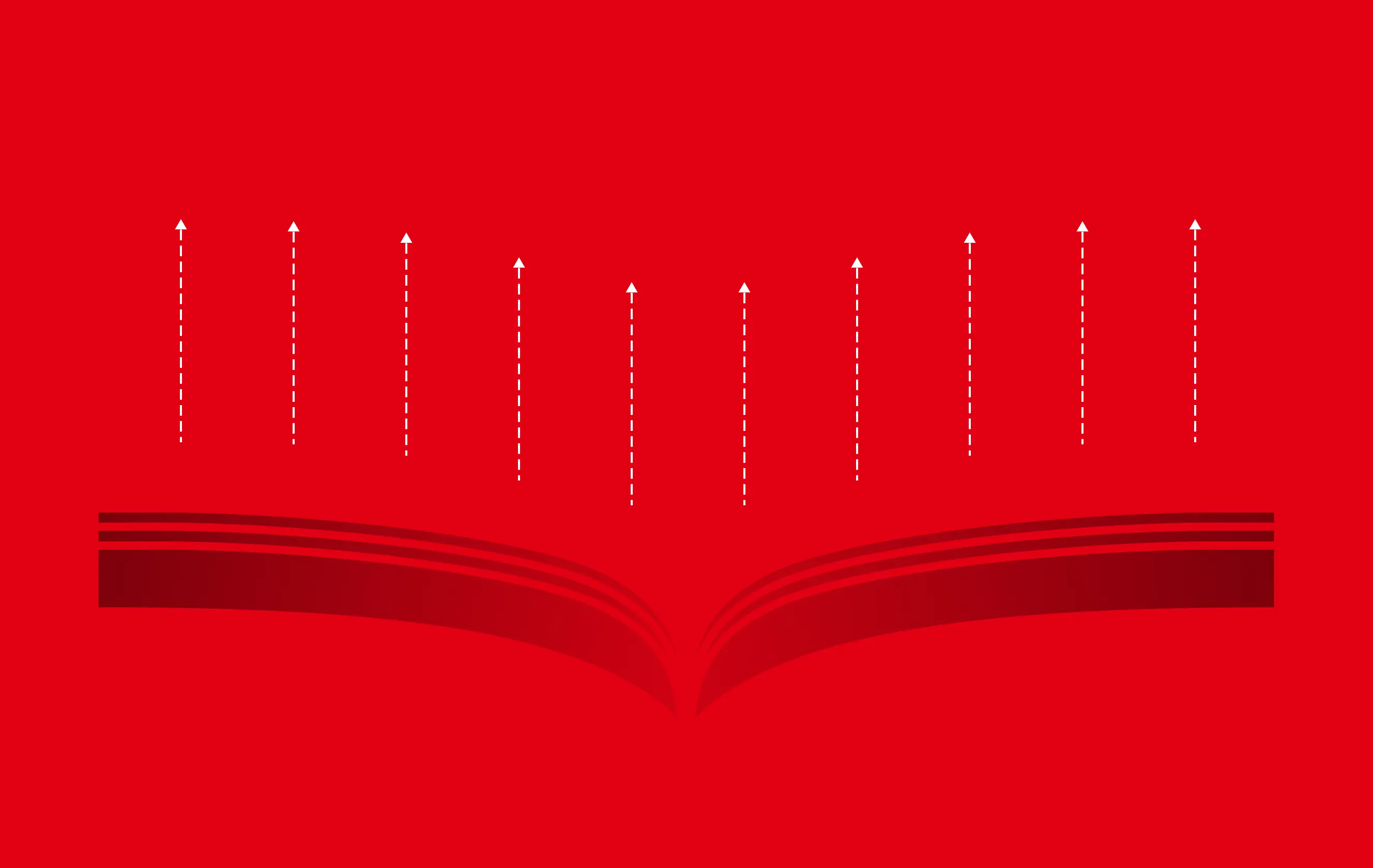 White line illustration on a red background. 10 white lines rise up from an open book, representing a report.