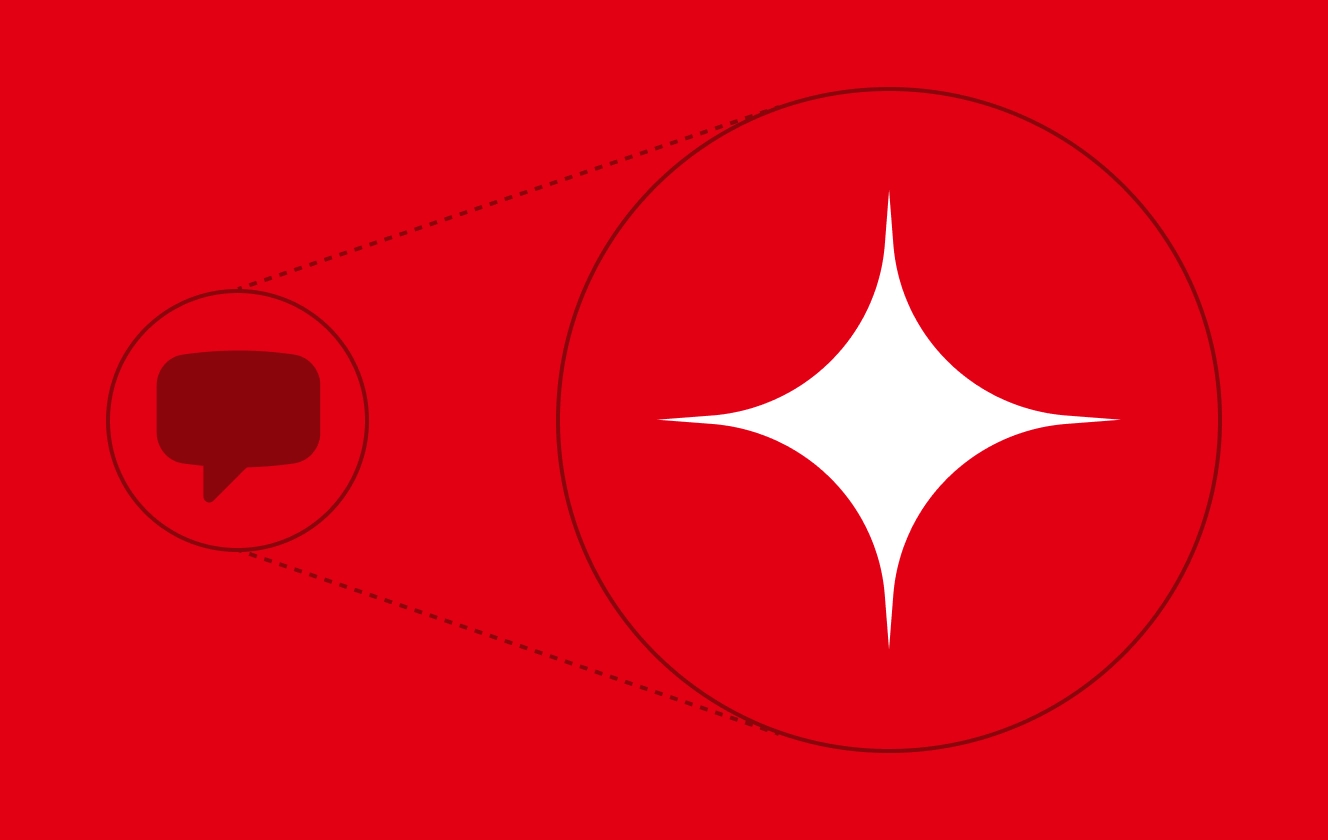 A white AI symbol dwarfs a gray speech bubble symbol on a red background.