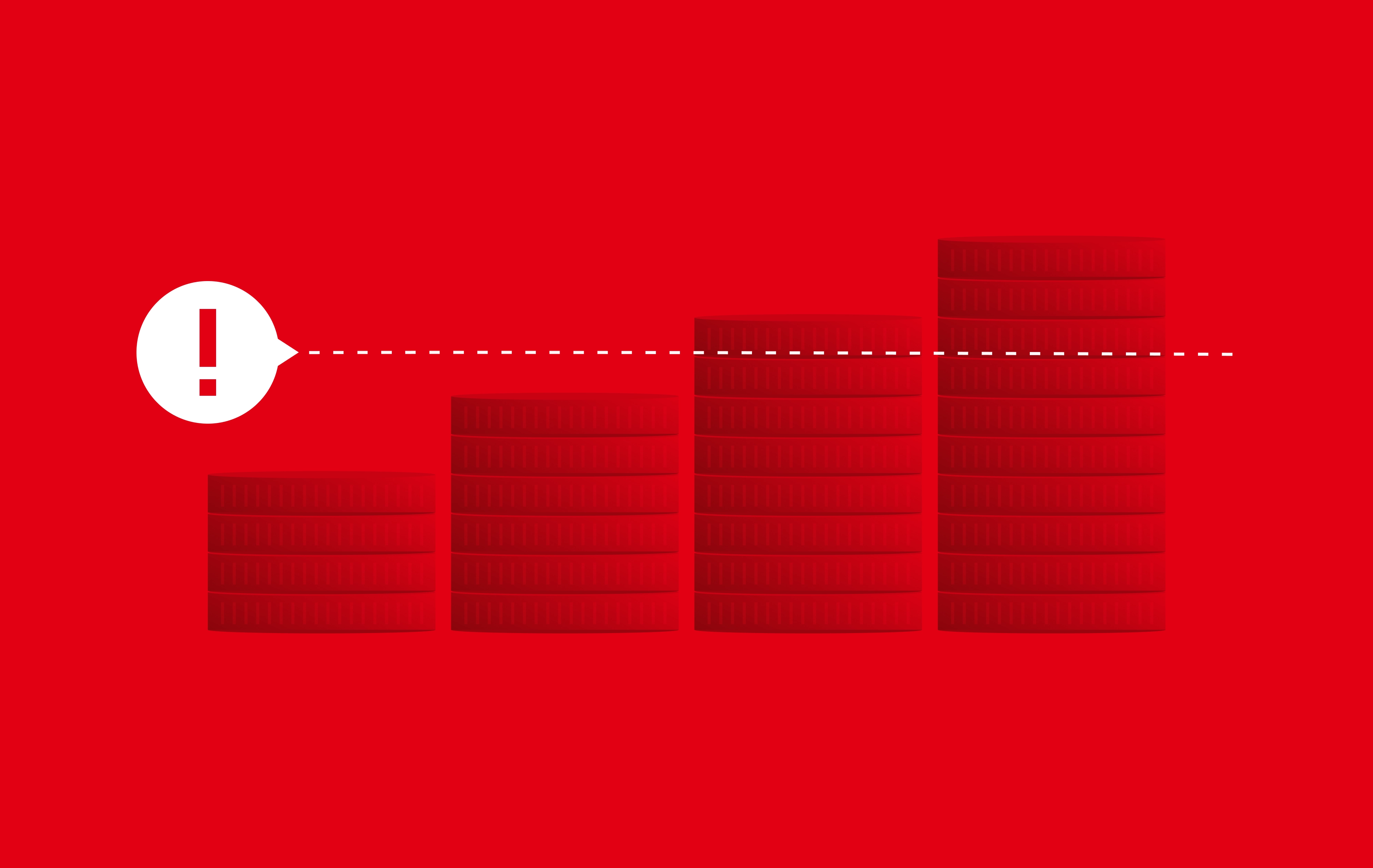 Red graphic showing stacked usage bars rising from left to right, crossed by a dotted horizontal threshold line with a white warning icon, suggesting token usage or costs exceeding a limit.