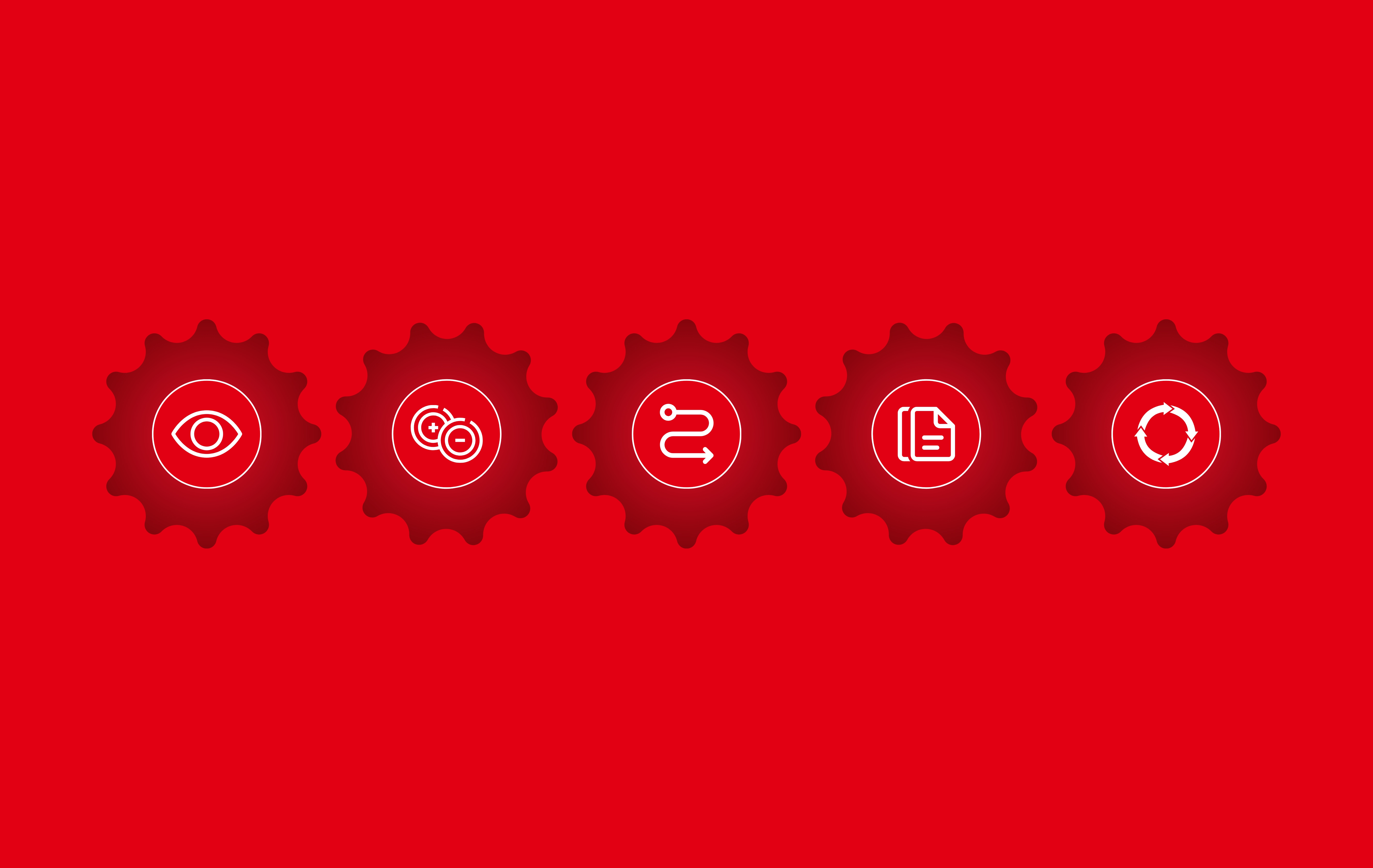 five interlocking gears on a red background