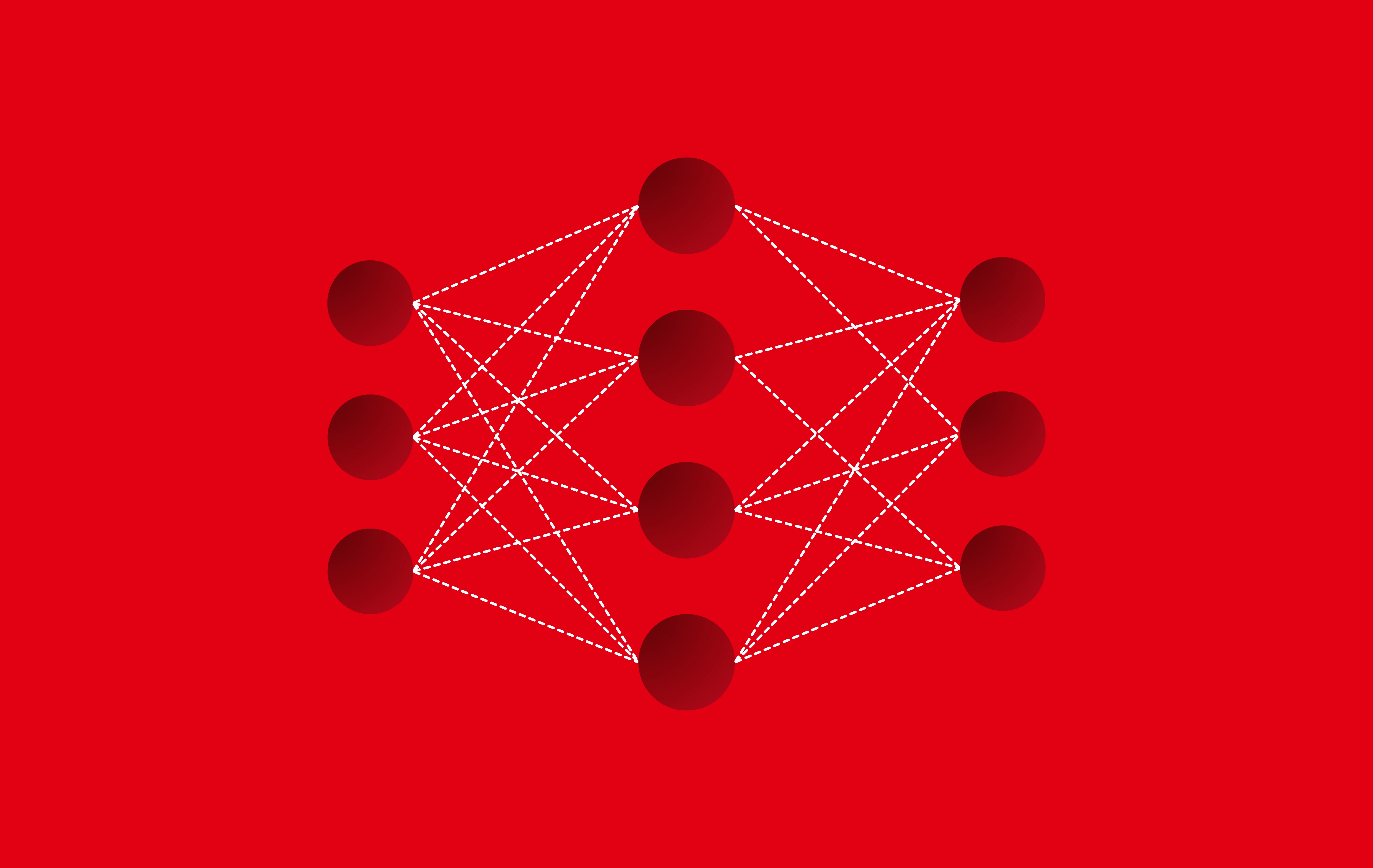 A simplified neural network diagram on a red background, showing three input nodes, four hidden-layer nodes, and three output nodes. Dashed white lines connect the nodes, representing model weights or learned connections between layers.