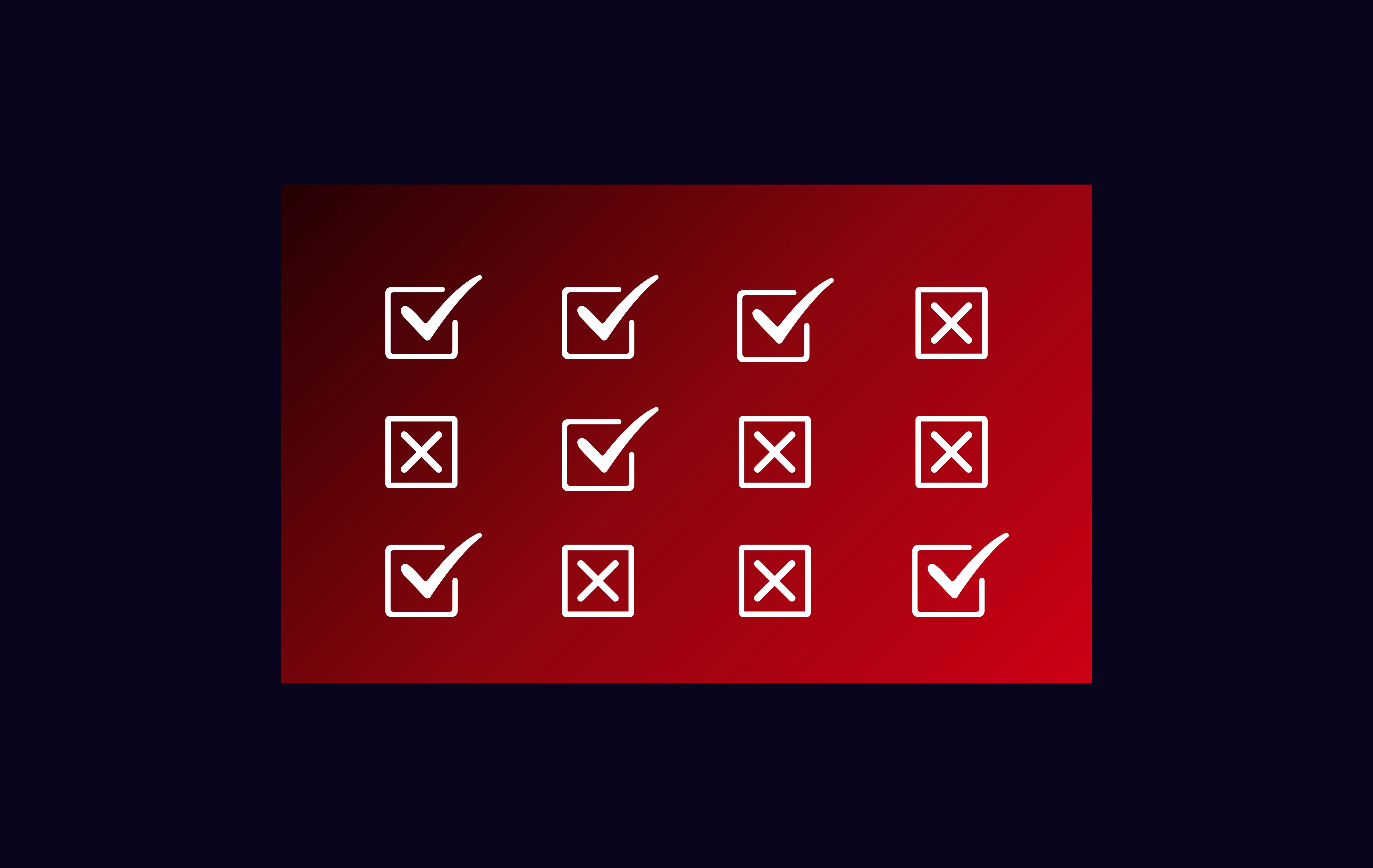 A grid of white checkbox icons on a red gradient background. Several boxes contain check marks and several contain X marks, representing a mix of successful and unsuccessful evaluation results.