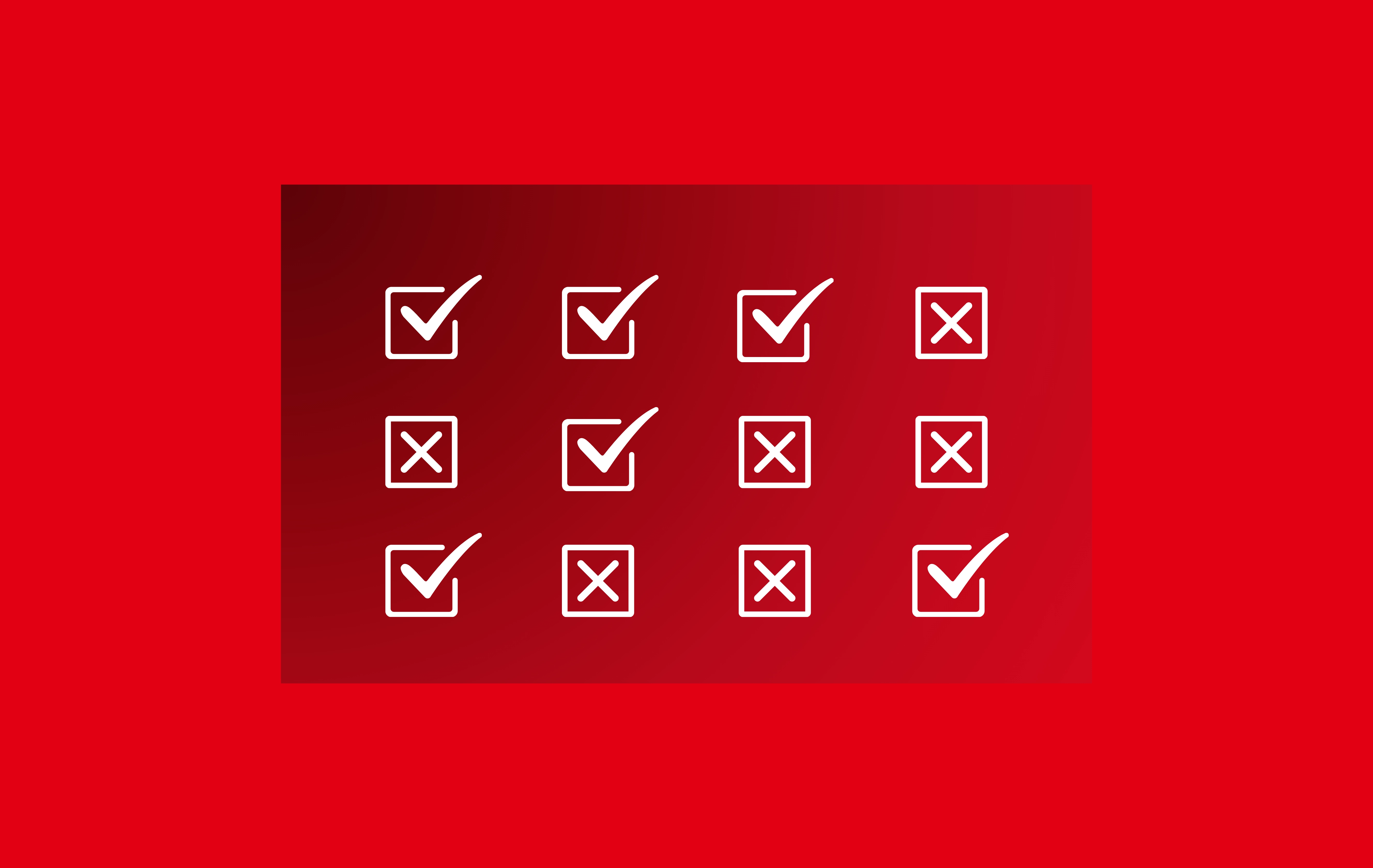 A grid of white checkbox icons on a red gradient background. Several boxes contain check marks and several contain X marks, representing a mix of successful and unsuccessful evaluation results.