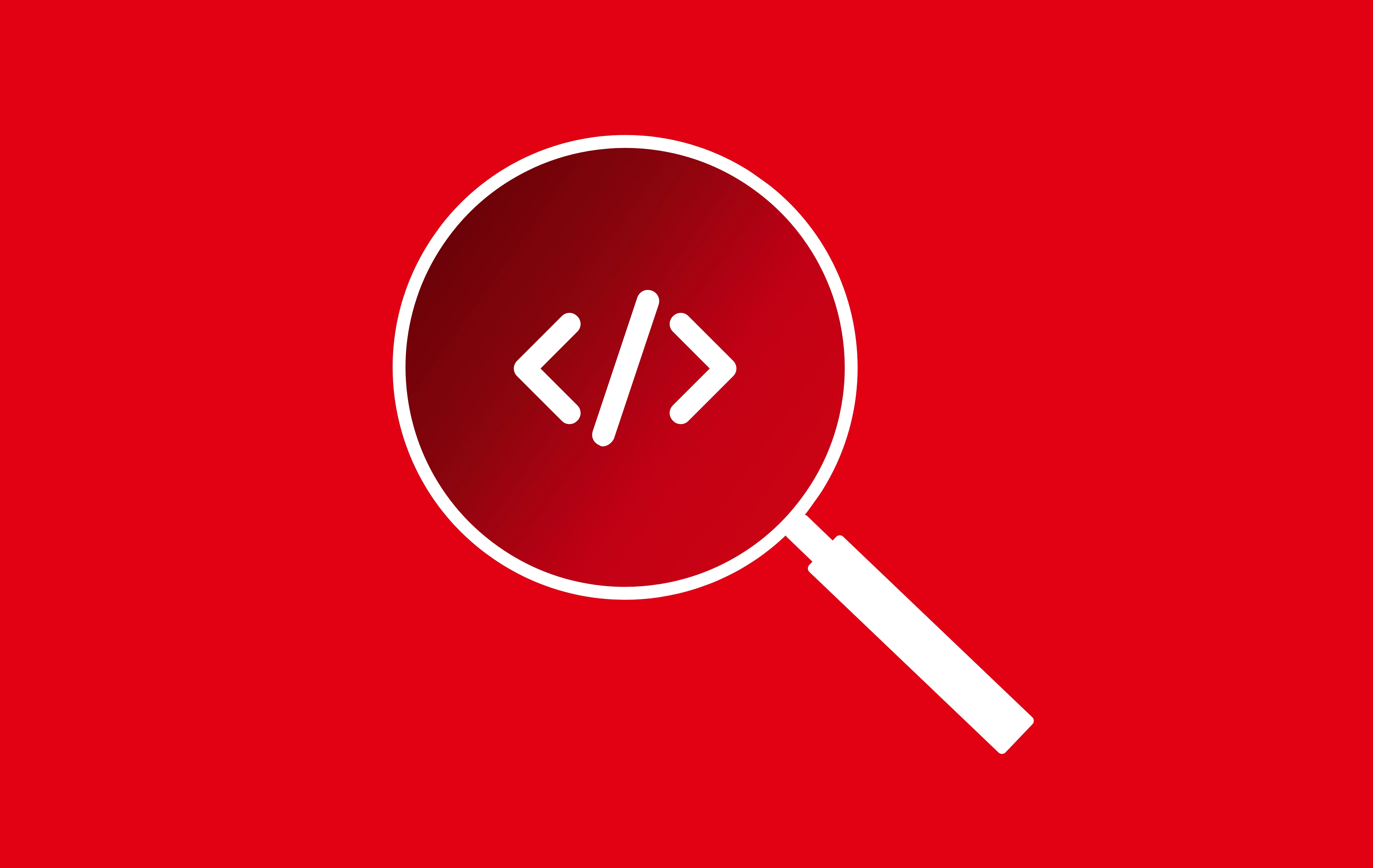 magnifying glass over a code symbol on a red background