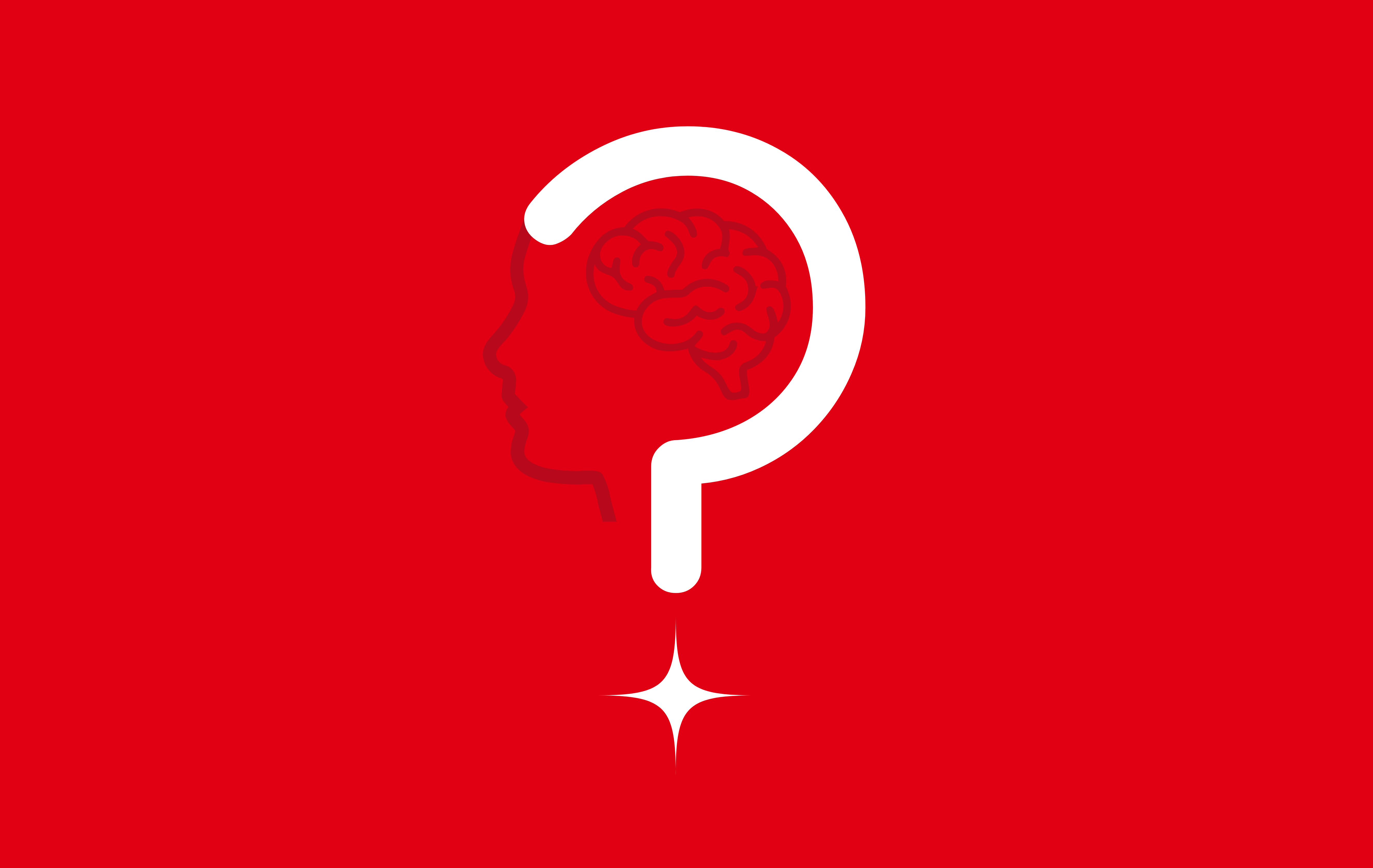 A person’s profile with a brain inside a large white question mark on a red background.