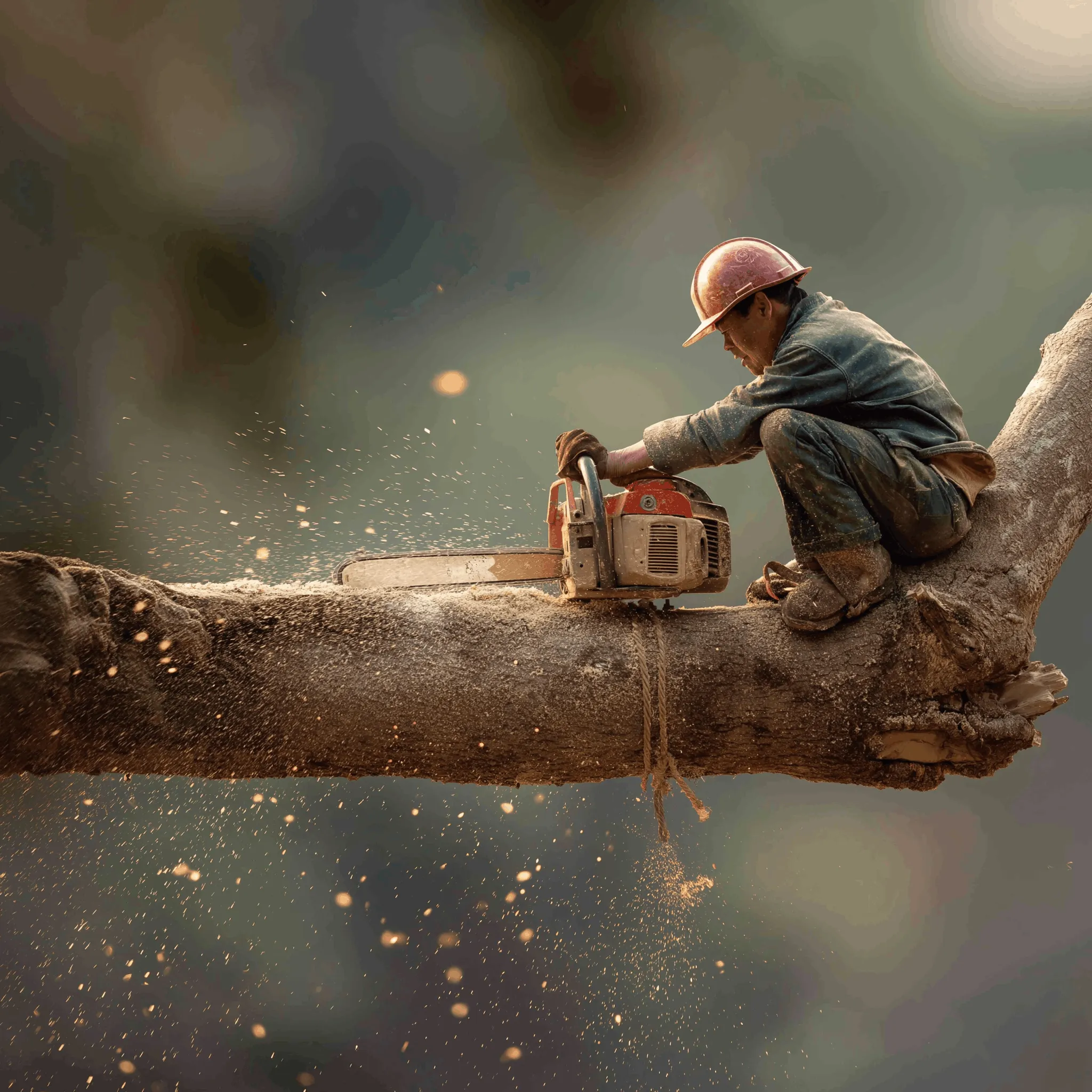 Worker wearing a hard hat and gloves operating a chainsaw while sitting on a large tree branch cutting it.