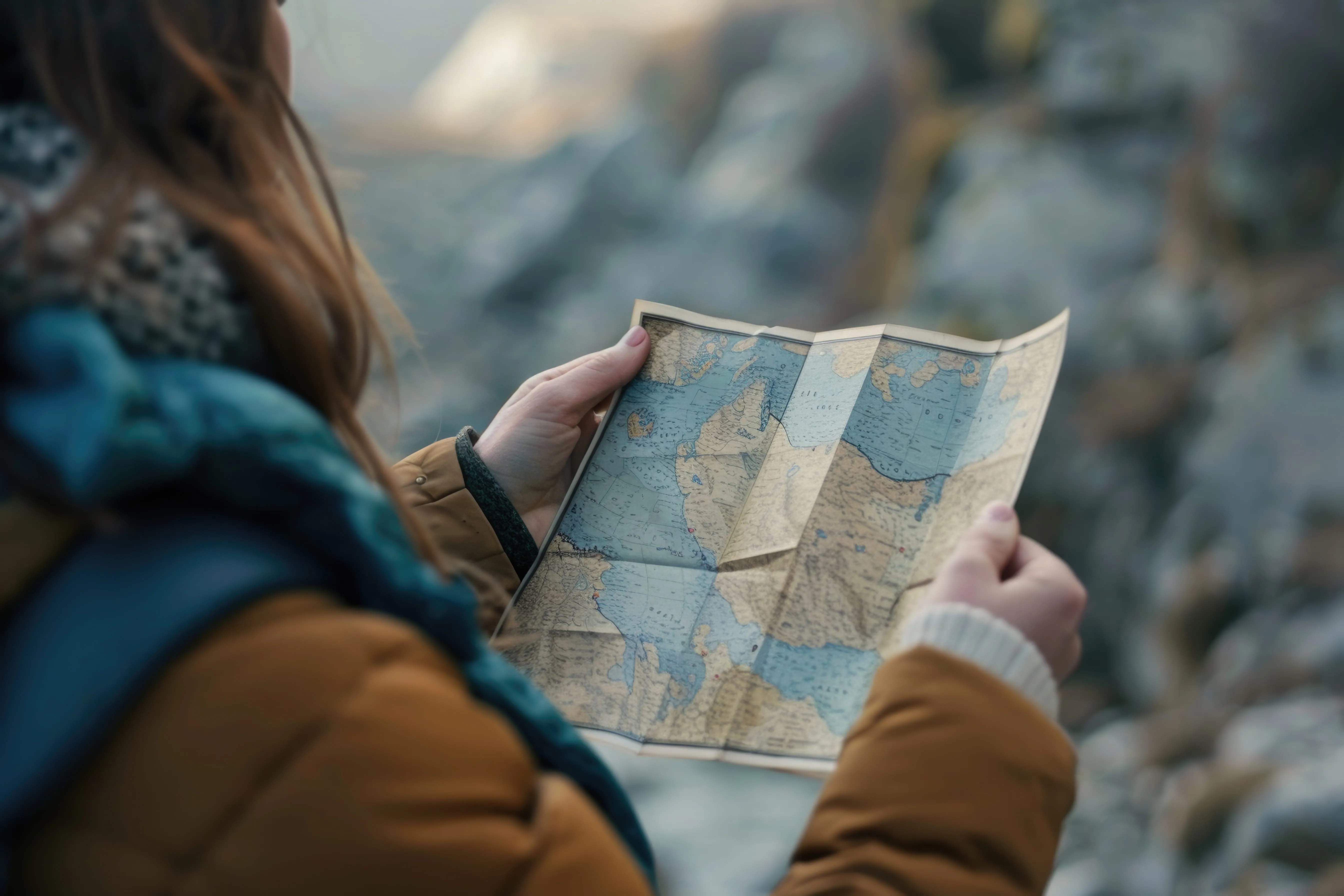 Person wearing a brown jacket holding and looking at a folded map outdoors.