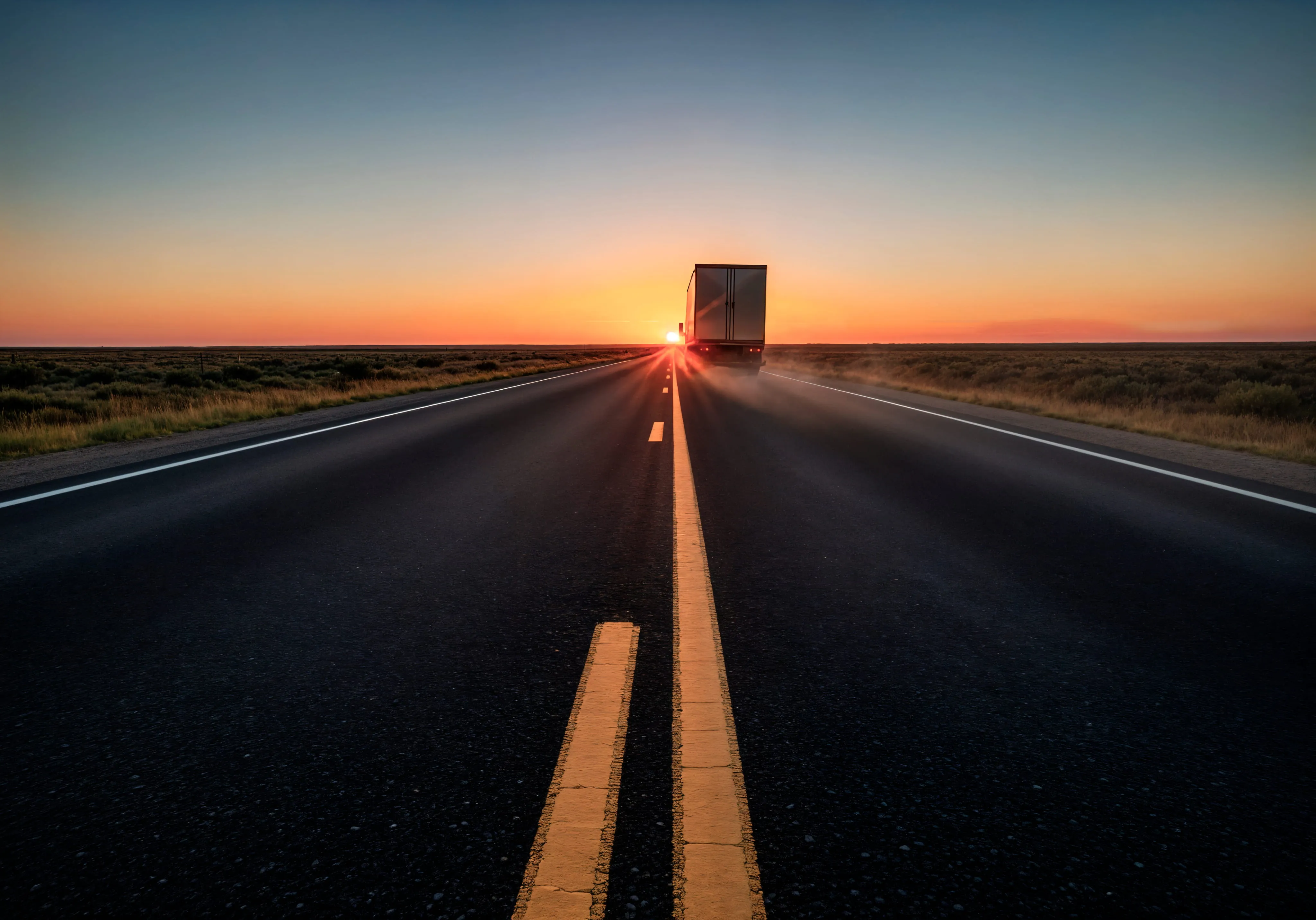 Truck driving away on a highway at sunset with a clear sky and flat landscape.