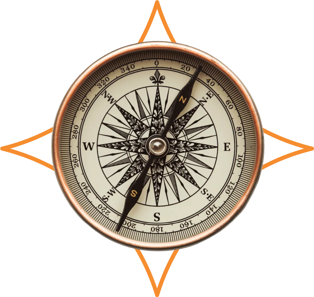 Vintage brass compass with ornate black compass rose and directions marked N, S, E, W.