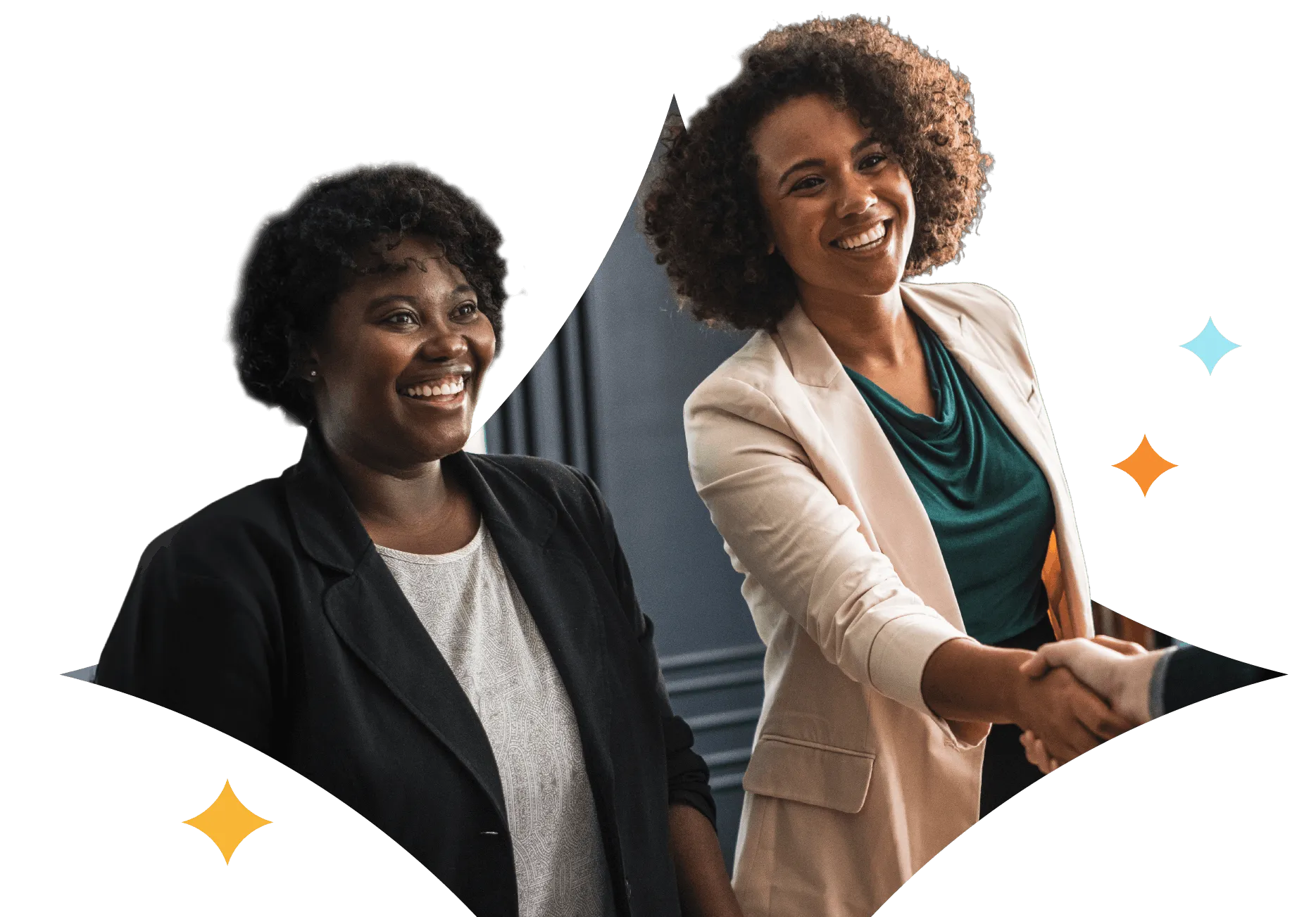 Two professional women smiling, with one woman shaking hands with a third person.