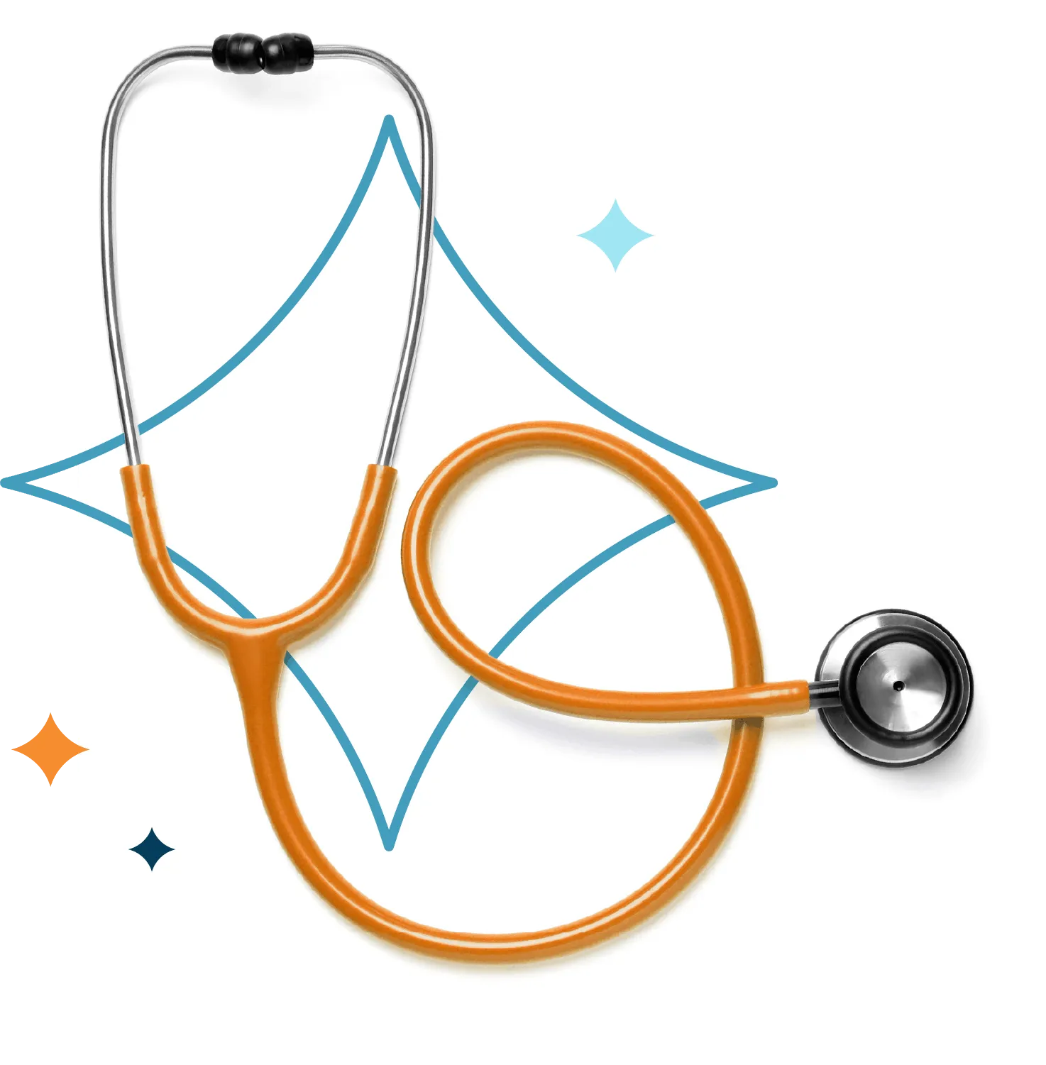 Orange stethoscope with silver chest piece on a white background with decorative diamond shapes.