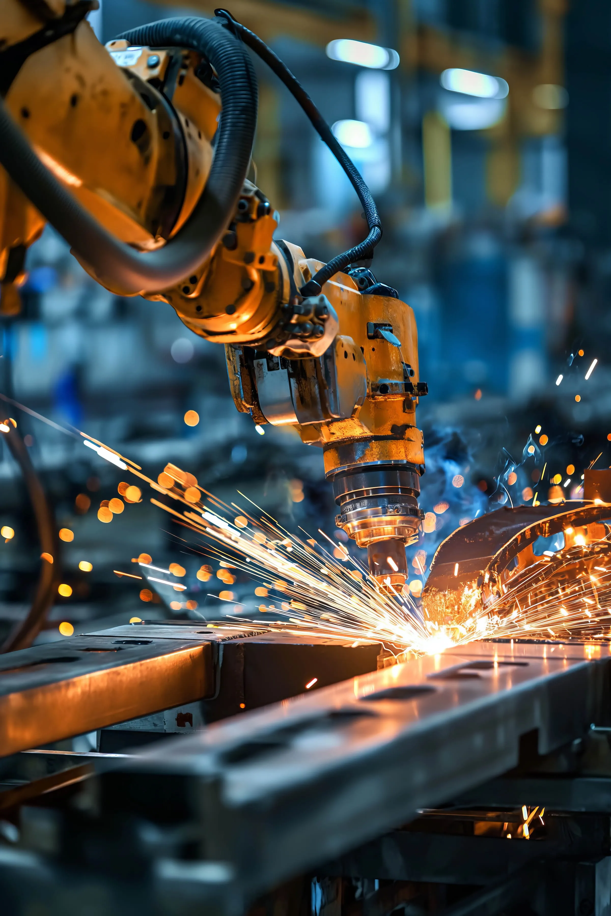 Industrial robotic arm welding metal parts with sparks flying in a factory setting.